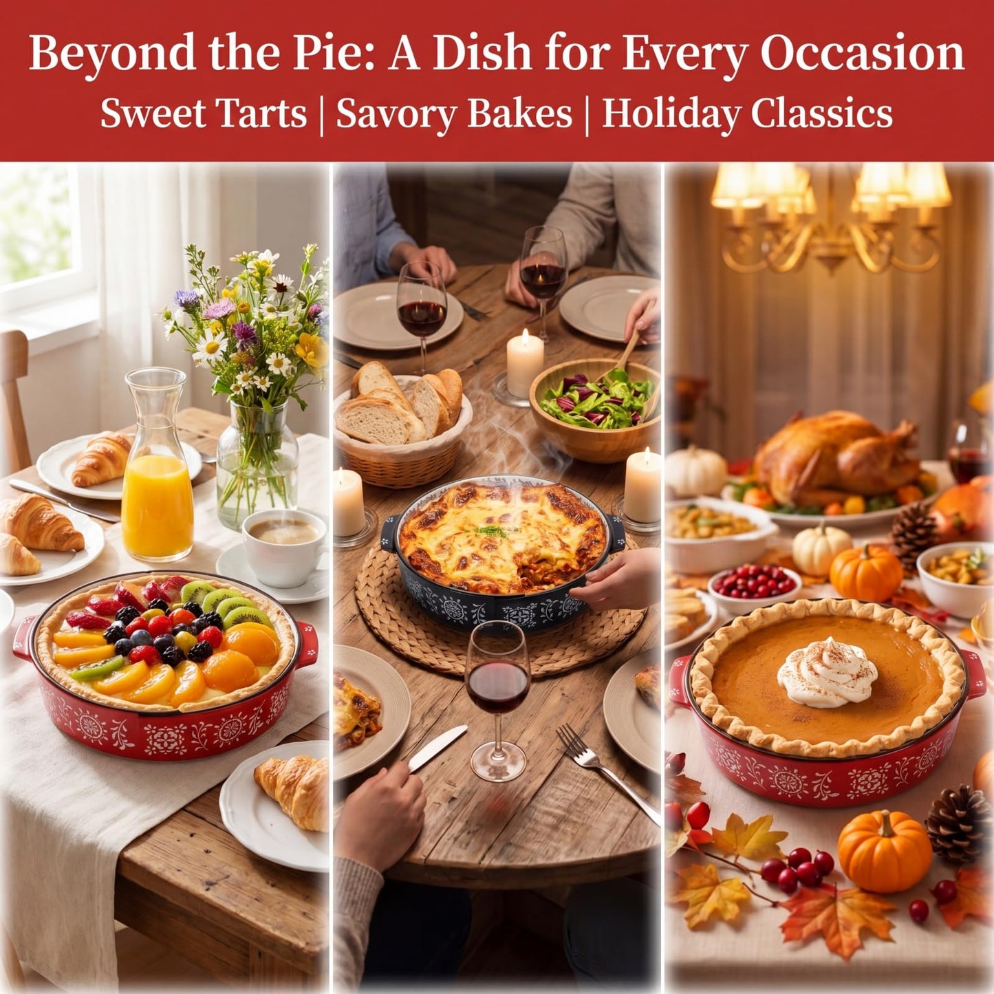 Covzoe 2 Pack Ceramic Baking Dish, 9 Inch Non-Stick Pie Pan with Double Handle, 44 Oz Deep Round Pie Plate Bakeware for Apple Pies, Quiche, Thanksgiving, Housewarming Gift