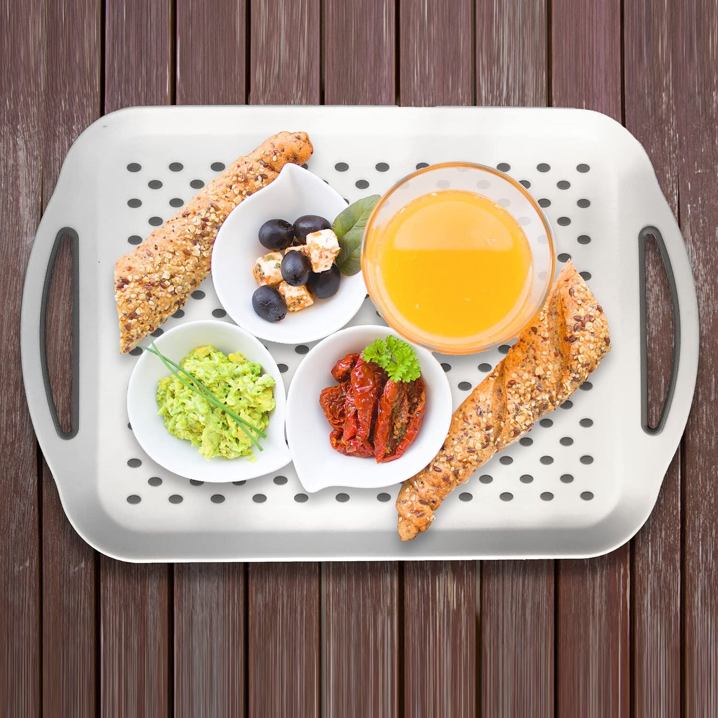 KAQAHIDO Large Non Slip Serving Tray with Handles and 34x22x10 inch Wave Edge 4 Tier Serving Tray for Party Buffet Entertaining