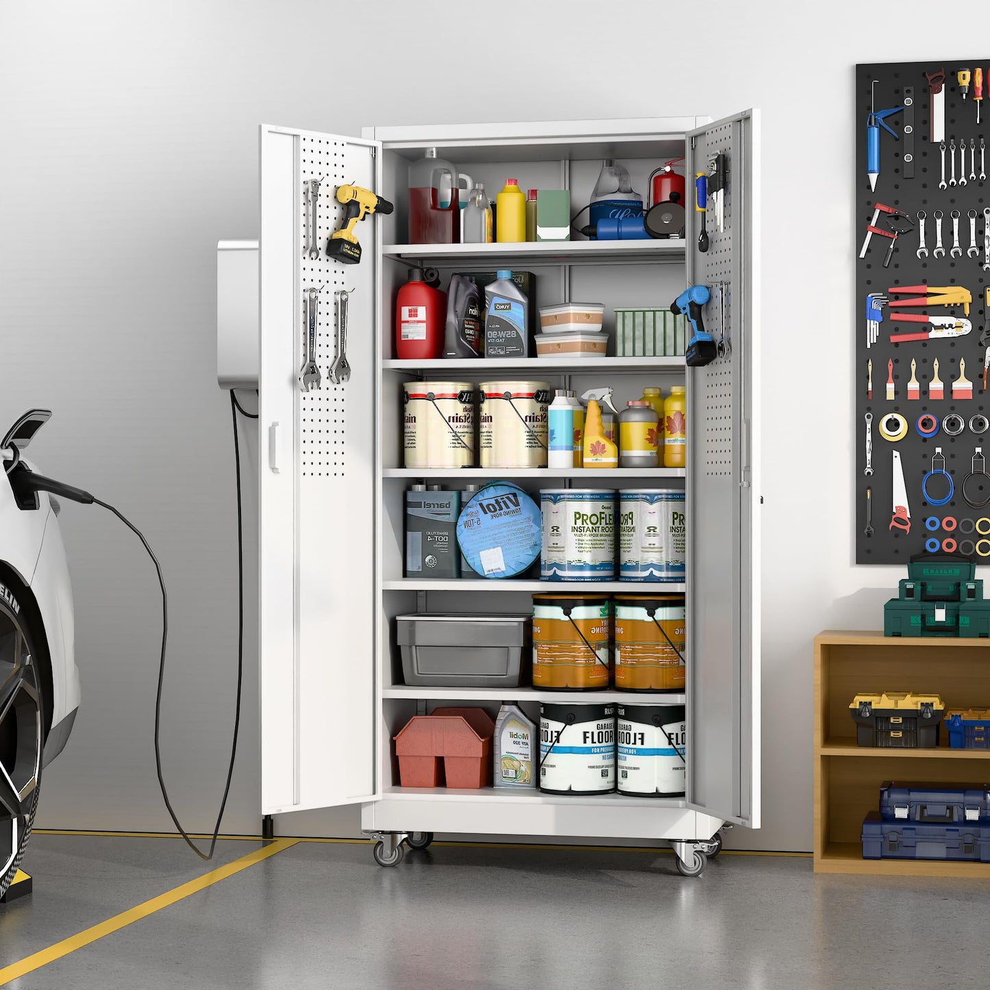 Aobabo Upgrade 71H''*34''W*18''D Metal Garage Storage Cabinet with Wheels and Pegboards, 5 Adjustable Shelves Steel Storage Cabinets for Home,Warehouse,Garage,Assembly Required,White