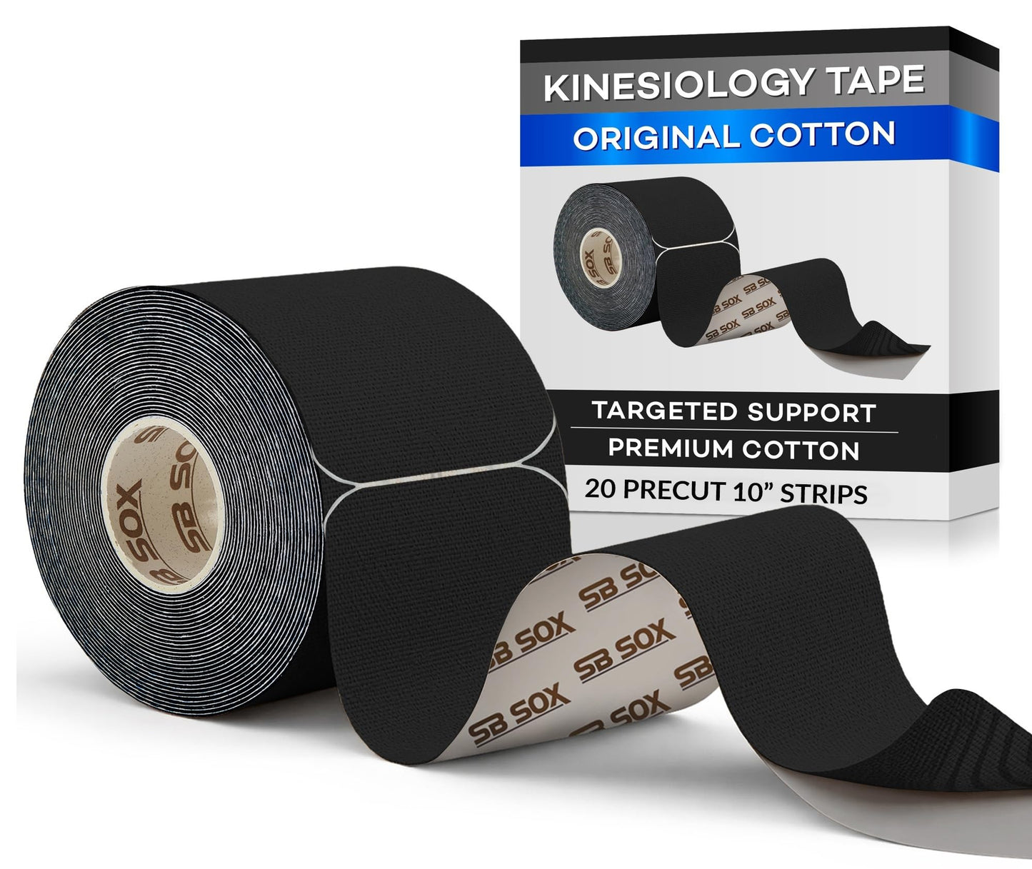 SB SOX Original Cotton Kinesiology Tape Roll – Best Latex Free Athletic Tape for Muscles/Joints – Waterproof, Stretchy, and Gentle on Skin (16ft) (Black - Precut)