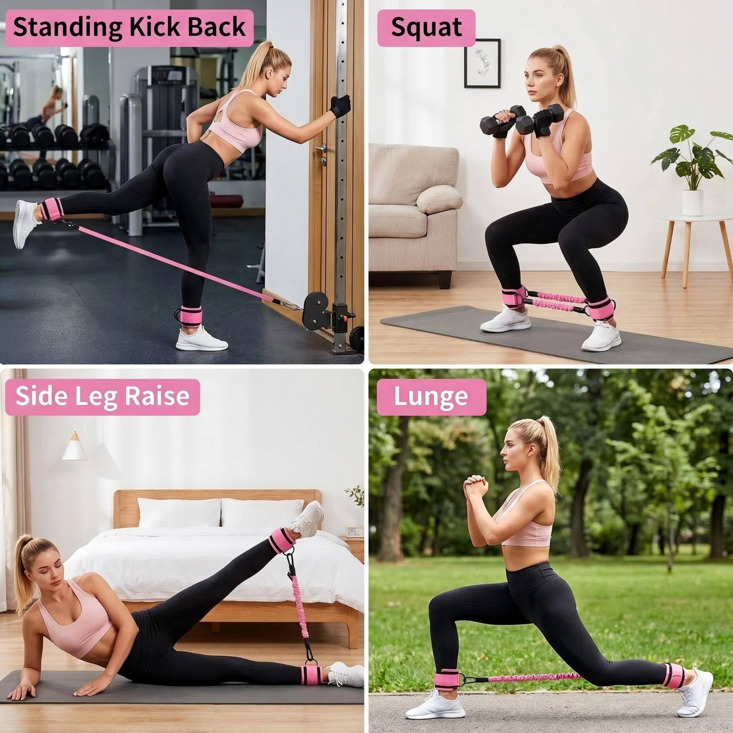 Pedal Resistance Band with Handle, 4 Fabric Covered Tubes 10-90 lbs Exercise Bands with Ankle Straps, Includes Massage Roller & Carry Bag, Full Body Home Gym Workout Equipment for Women and Men