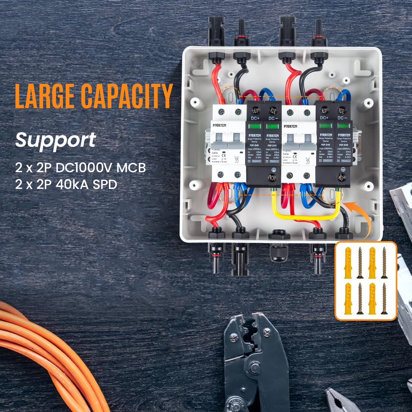 PJERJZN Solar Combiner Box 2 String PV Combiner Box 1000V DC 40A & 20-40KA SPD Power Distribution Box for Solar Panels Off-Grid Systems (2String 2 in 2 Out)