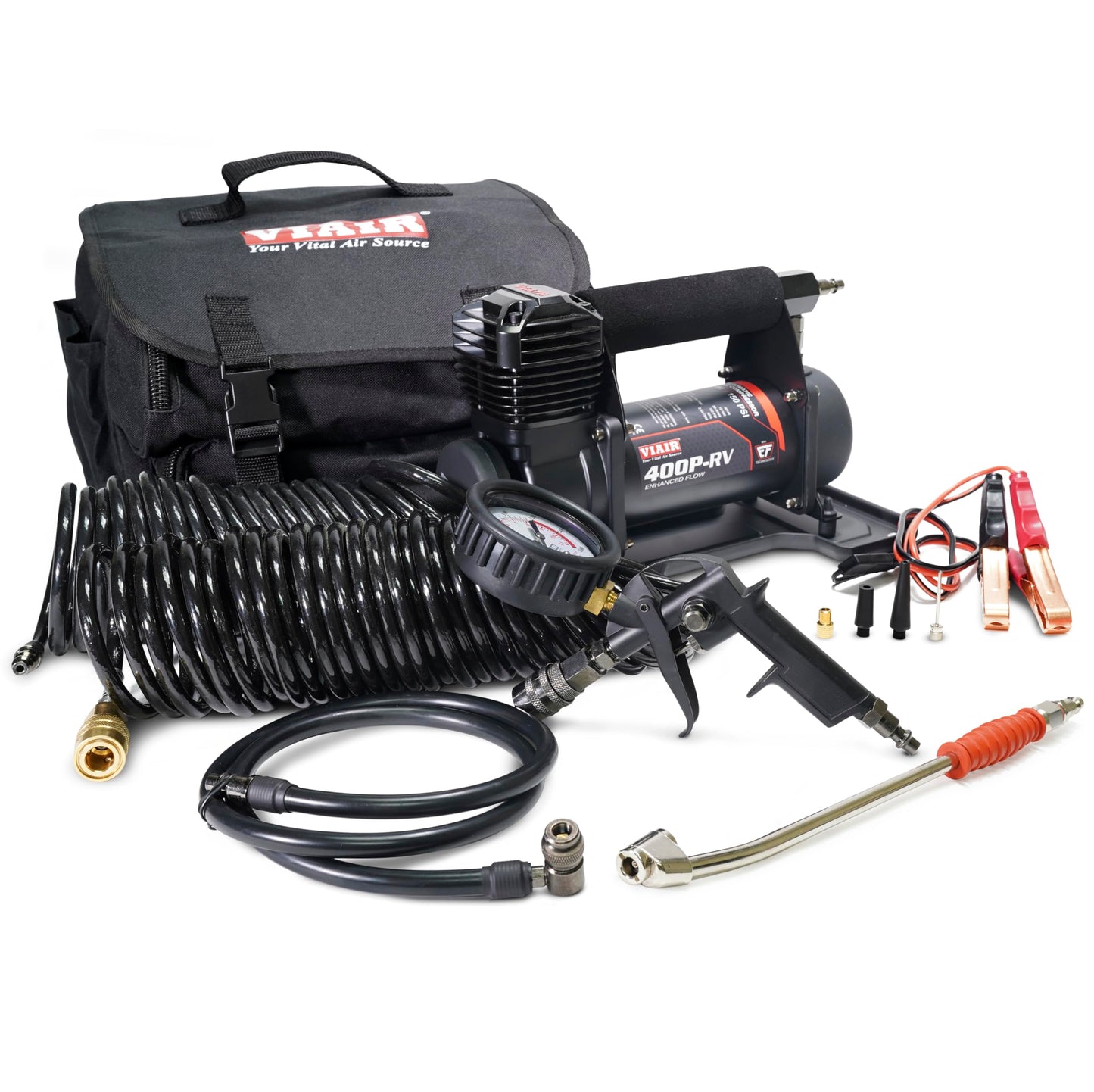 VIAIR 400P-RV EF Enhanced Flow - 40144 12V Tire Inflator Portable Air Compressor with RV Inflation Gun, 90 Degree Chuck | 33% Duty Cycle @ 100 PSI, Max Pressure 150 PSI (SAE, Alligator Clips)