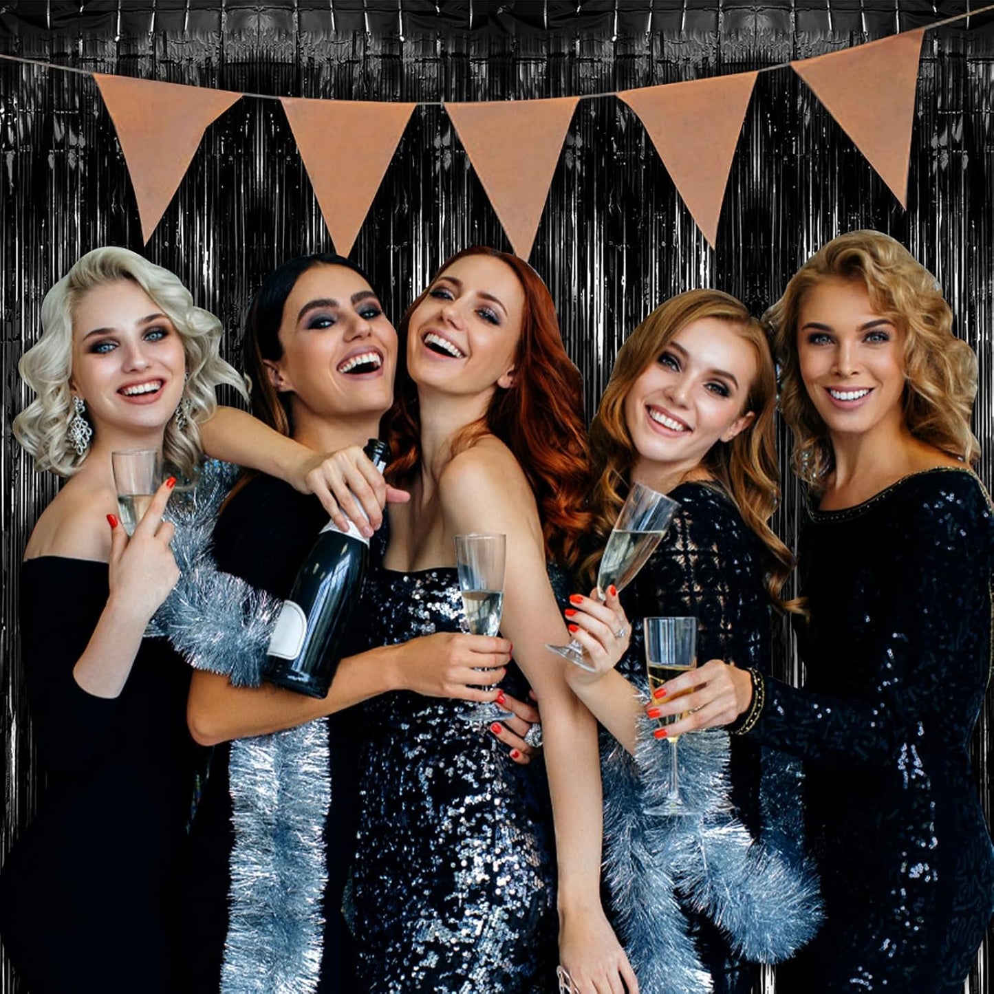 Skiennix 5 Pack Black Party Streamers - Tinsel Foil Fringe Curtains for Halloween & Birthday Decor