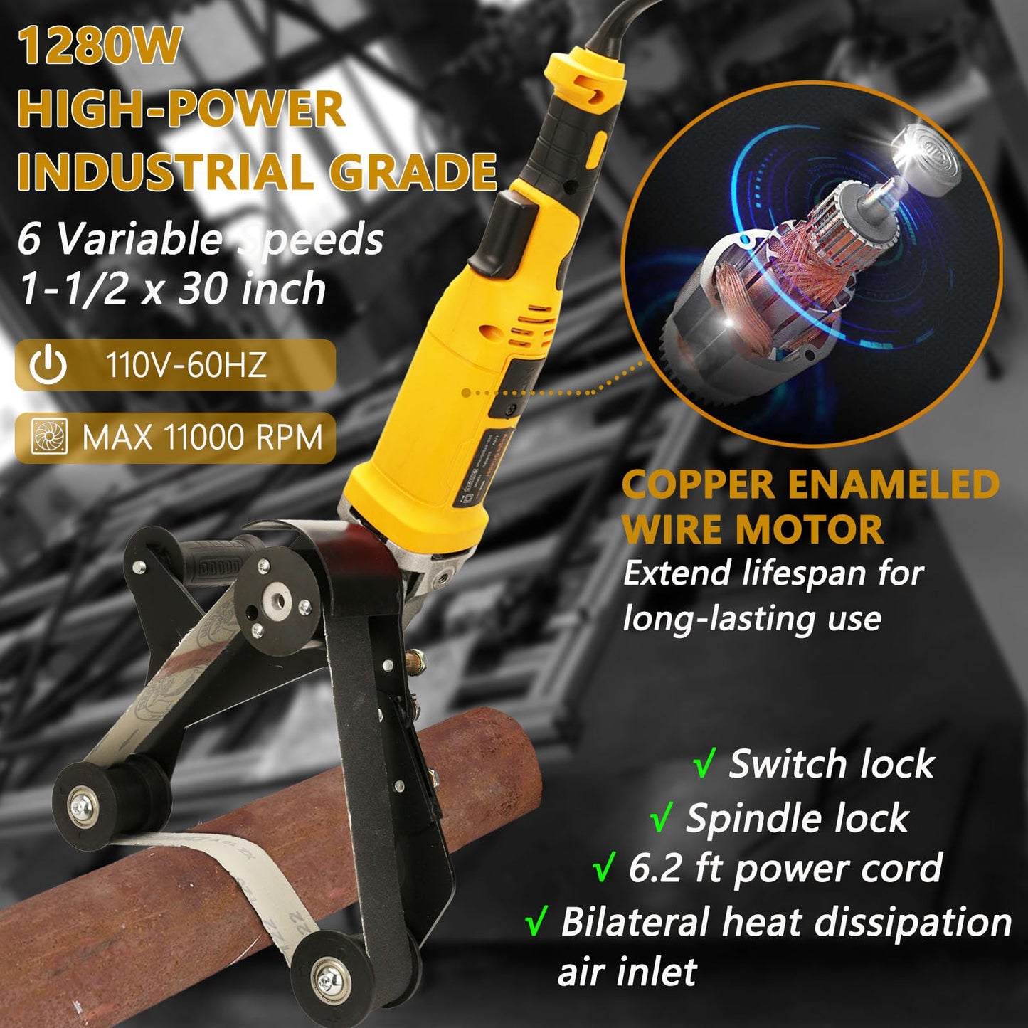 Hangjiatool Pipe Tube Polisher Sander,1280W High-power Industrial Grade Pipe Belt Sander with 6 Variable Speeds,Professional Polishing Tools for Grinding, Polishing,and Rust Removal.