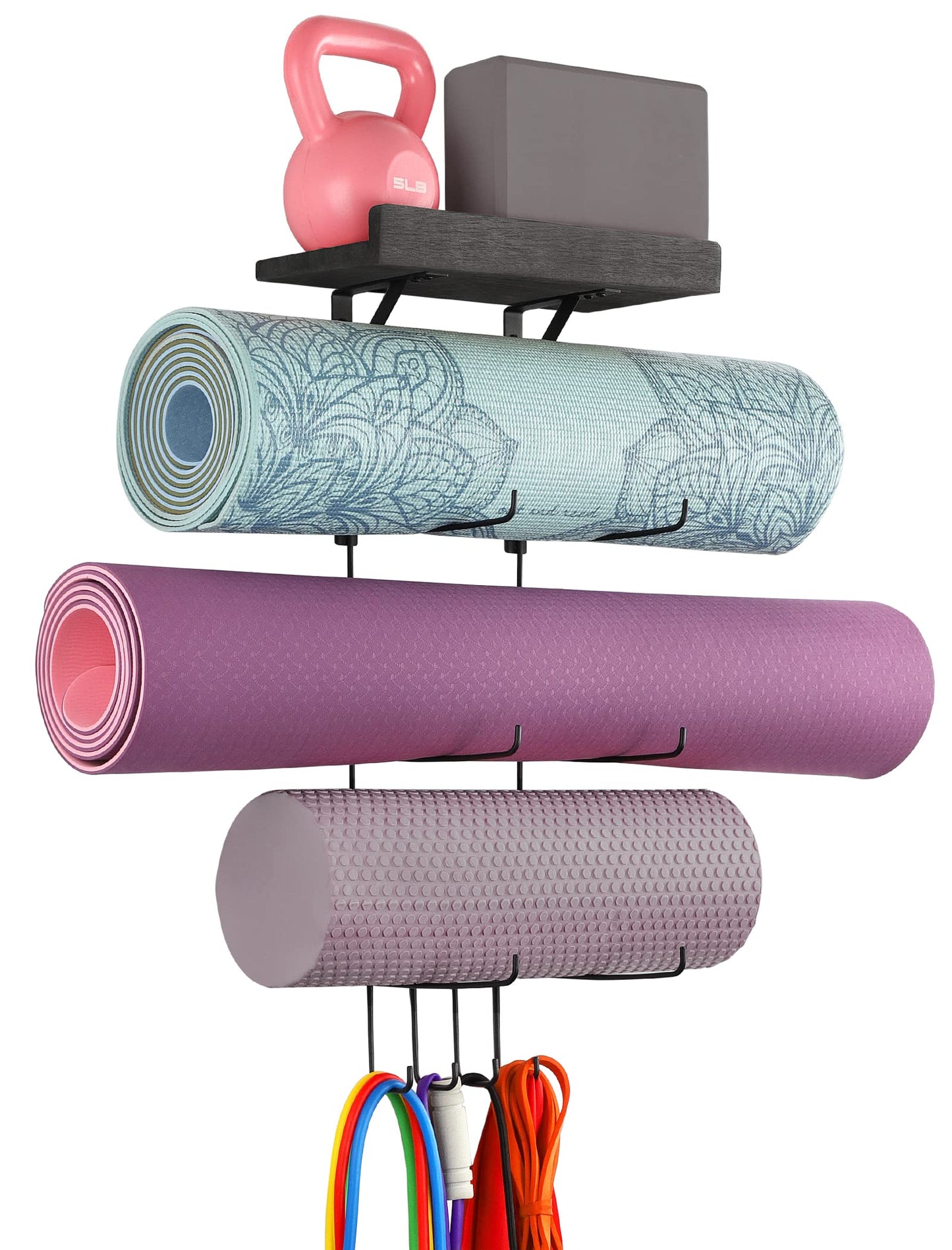 VINAEMO Yoga Mat Holder Accessories Wall Mount Organizer Storage Decor Foam Roller and Towel Storage Rack with 4 Hooks and Wooden Shelves Yoga Mats Rack Resistance Bands for Home Gym School Office