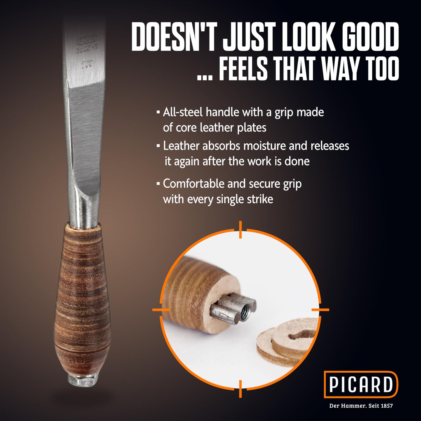 Picard Tilers Hammer 700g – Right-Handed, Rhineland Pattern, Hand-Forged Leather Grip Hammer with Nail Puller, Alloyed Steel Head, Professional Tiling & Roofing Tool – 0020700