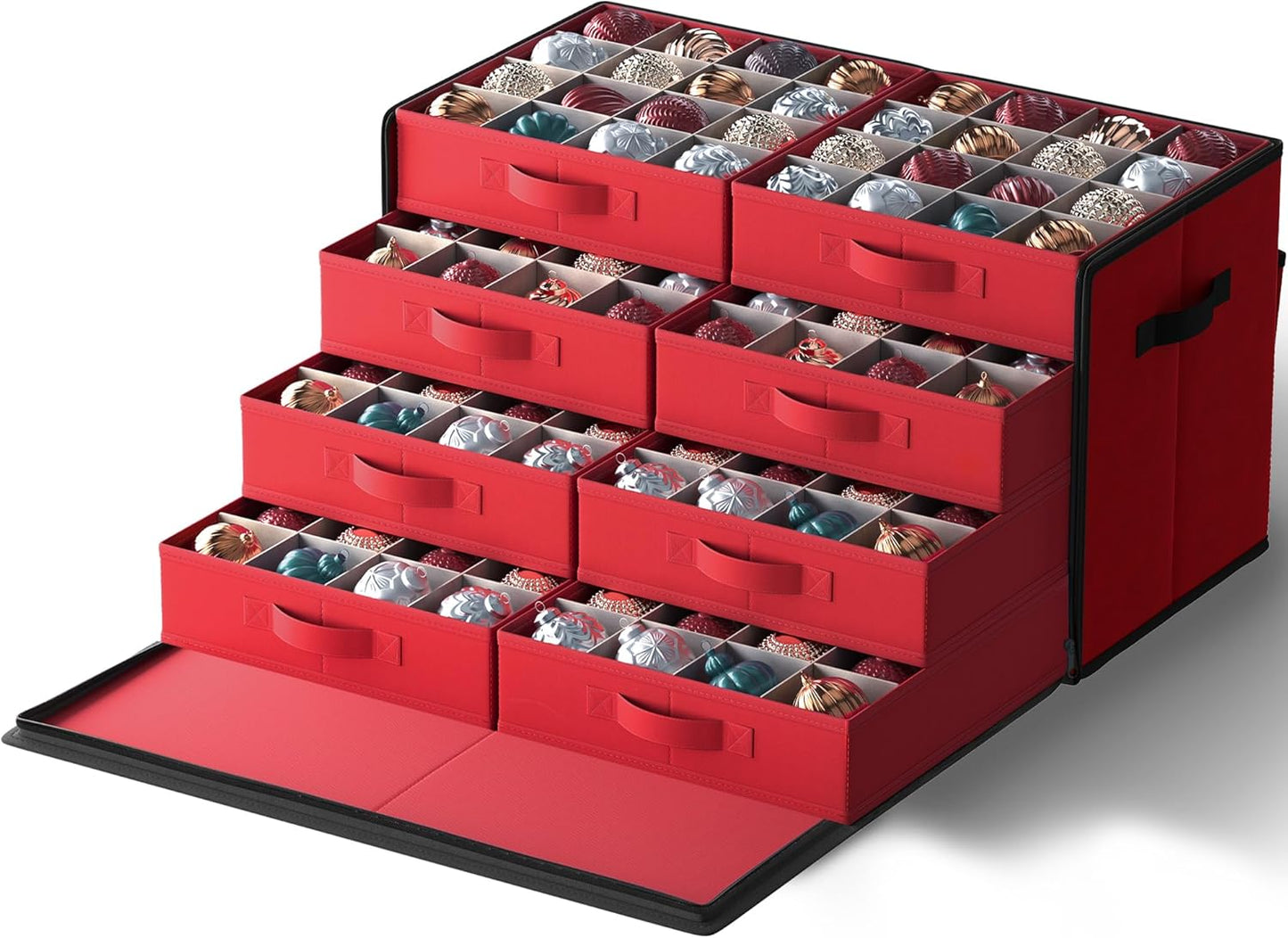 SONGMICS Large Christmas Ornament Storage Box - Stackable Container with 8 Drawer Trays, 128 Slots, Cherry Red