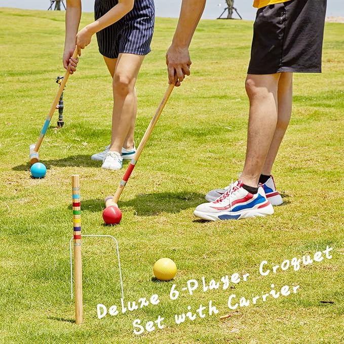 ApudArmis Six Player Croquet Set with Premiun Rubber Wooden Mallets 28In,Colored Ball,Wickets,Stakes - Lawn Backyard Outdoor Game Set for Adults/Teenagers/Family (Large Carry Bag Including)