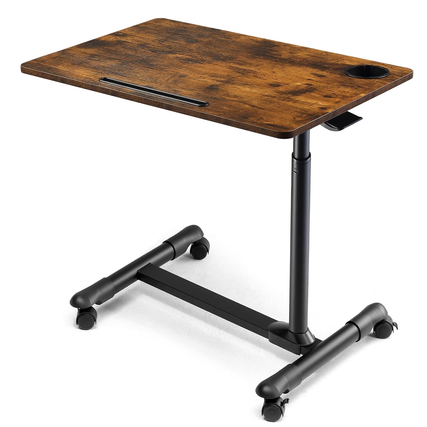 ETHU Overbed Table with Hydraulic Lift, 27.1-34.2 Inch Height Adjustable Bed Table with Lockable Casters - Wood Grain Tabletop with Cup Holder & Charging Slot, 22lbs Capacity Rolling Bedside Desk