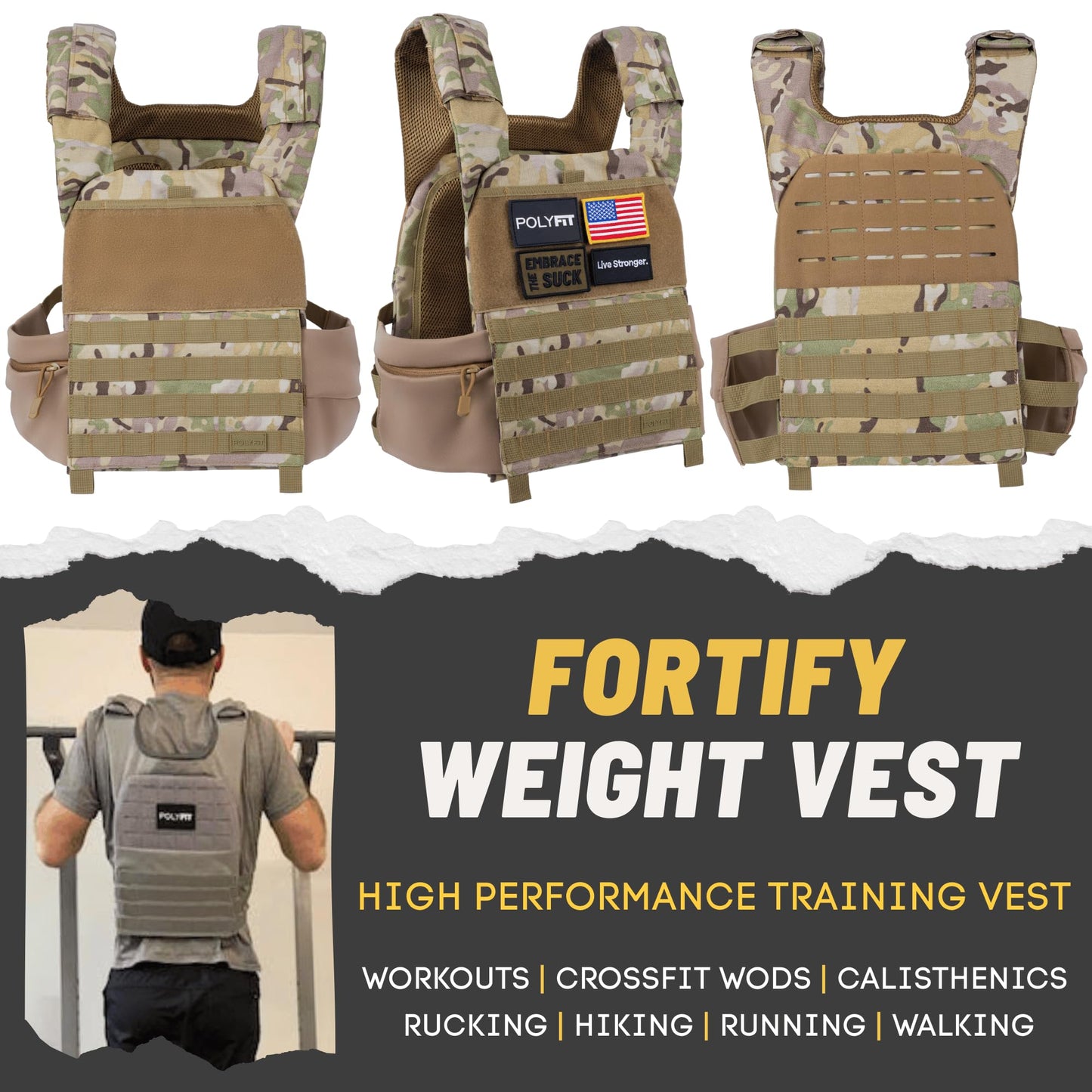 Polyfit (Fortify) Weighted Vest for Strength and Endurance Training, Fitness Workouts, Running, WODs - CAMO