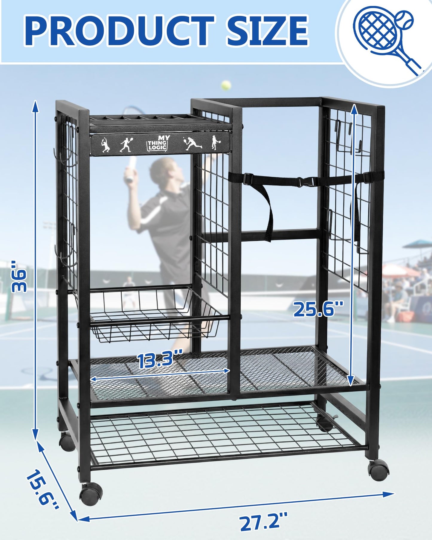 Mythinglogic Tennis Racket Rack, Rolling Storage Rack with Lockable Wheels, Large Capacity Tennis Equipment Storage Organizer for Garage, Club, School