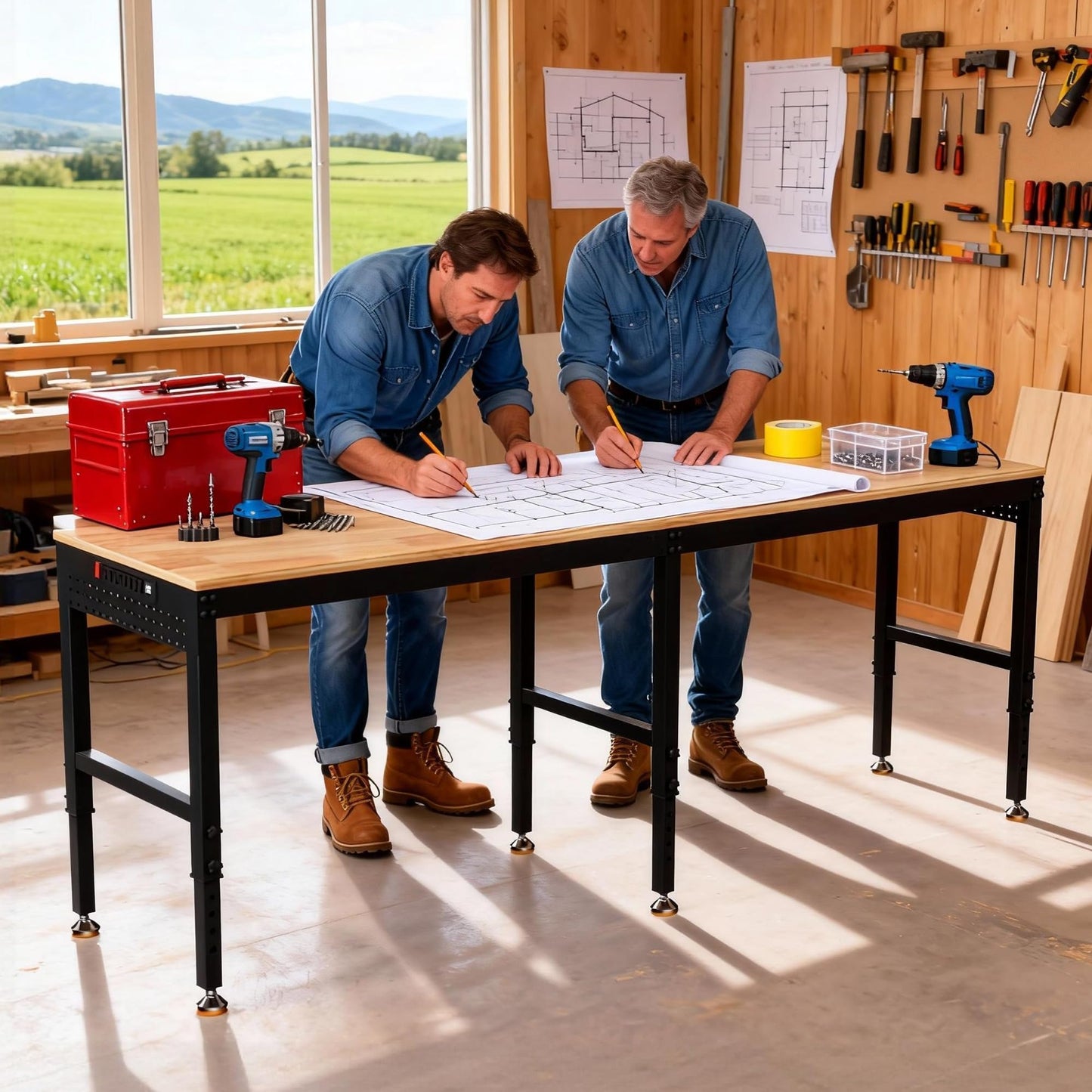 Betterhood 96" 2-in-1 Convertible Adjustable Workbench, L-Shaped & Extended 5000 LBS Heavy Duty Work Table with Power Outlets & Pegboard, Rubber Wood Workstation for Garage, Workshop