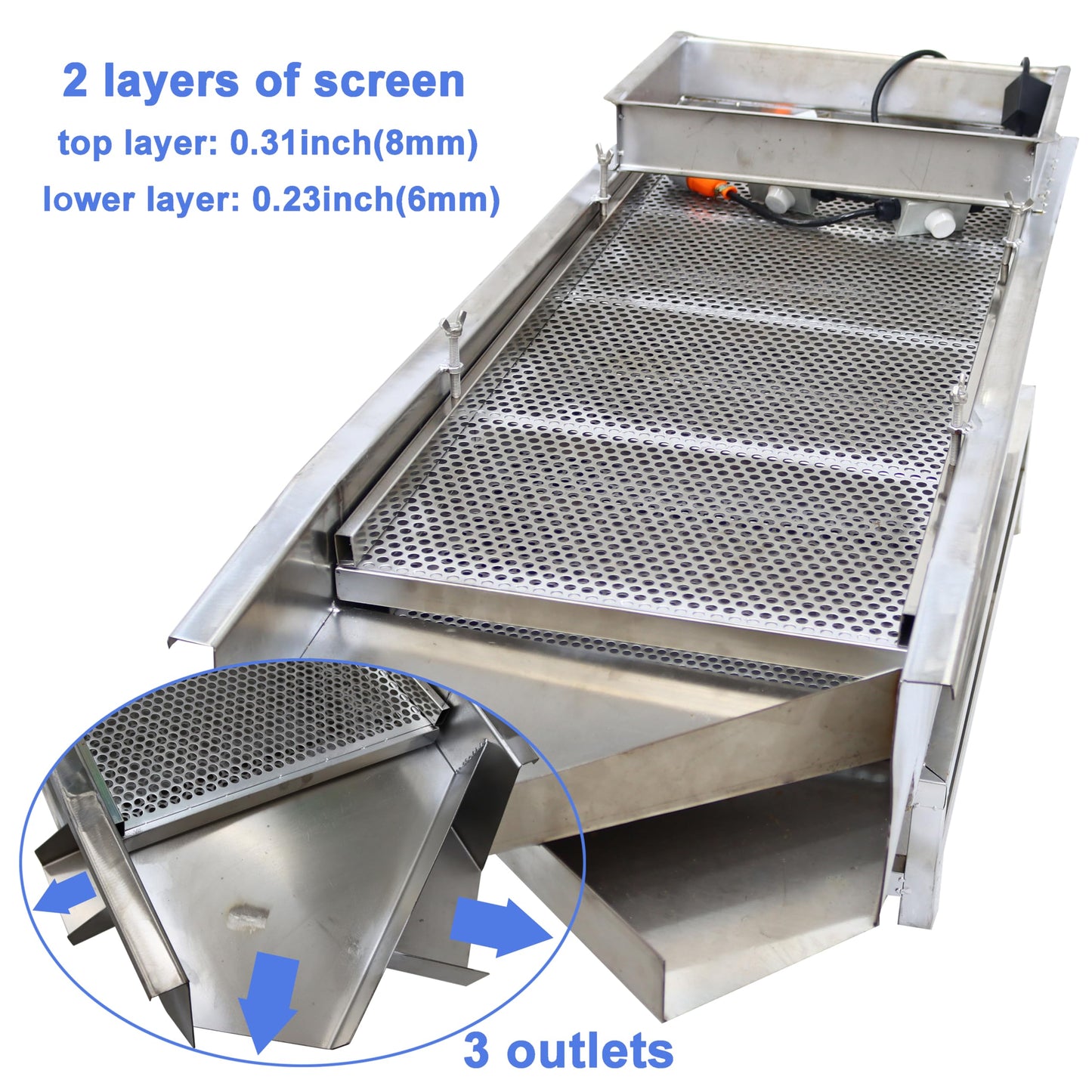 TECHTONGDA Straight Vibrating Sieve Screen Shaker Electric Linear Sifter Machine Stainless Steel Two Layers Two Motors 8mm 6mm Screen Size 15.7×37.4inch 110V