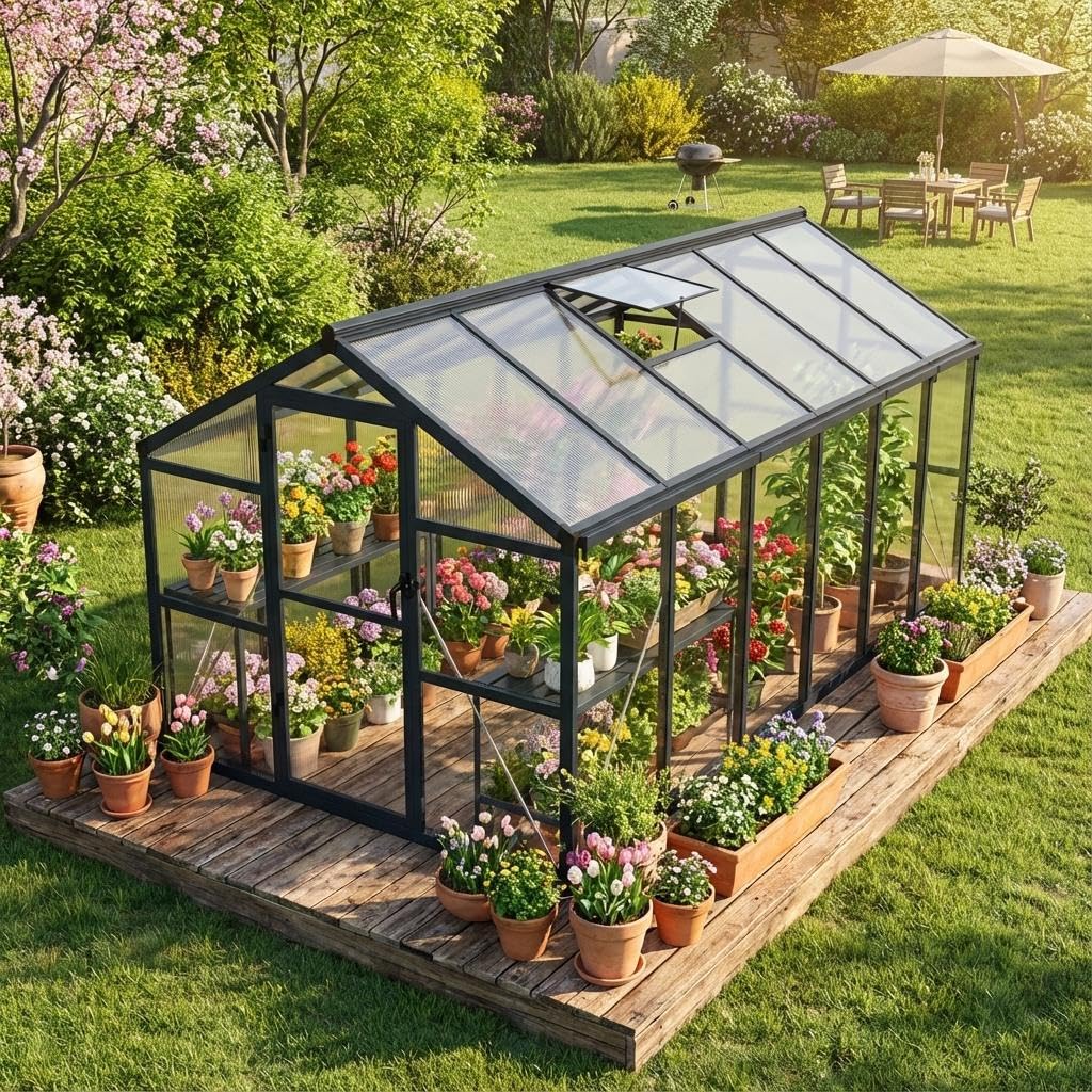 Garvee 8x12ft Greenhouse, Large Walk-in Greenhouse for Outdoors with Roof Vent & Lockable Outward-Opening Swing Door, Heavy Duty Aluminum Frame Polycarbonate Green House for Garden,Backyard,Lawn,Grey