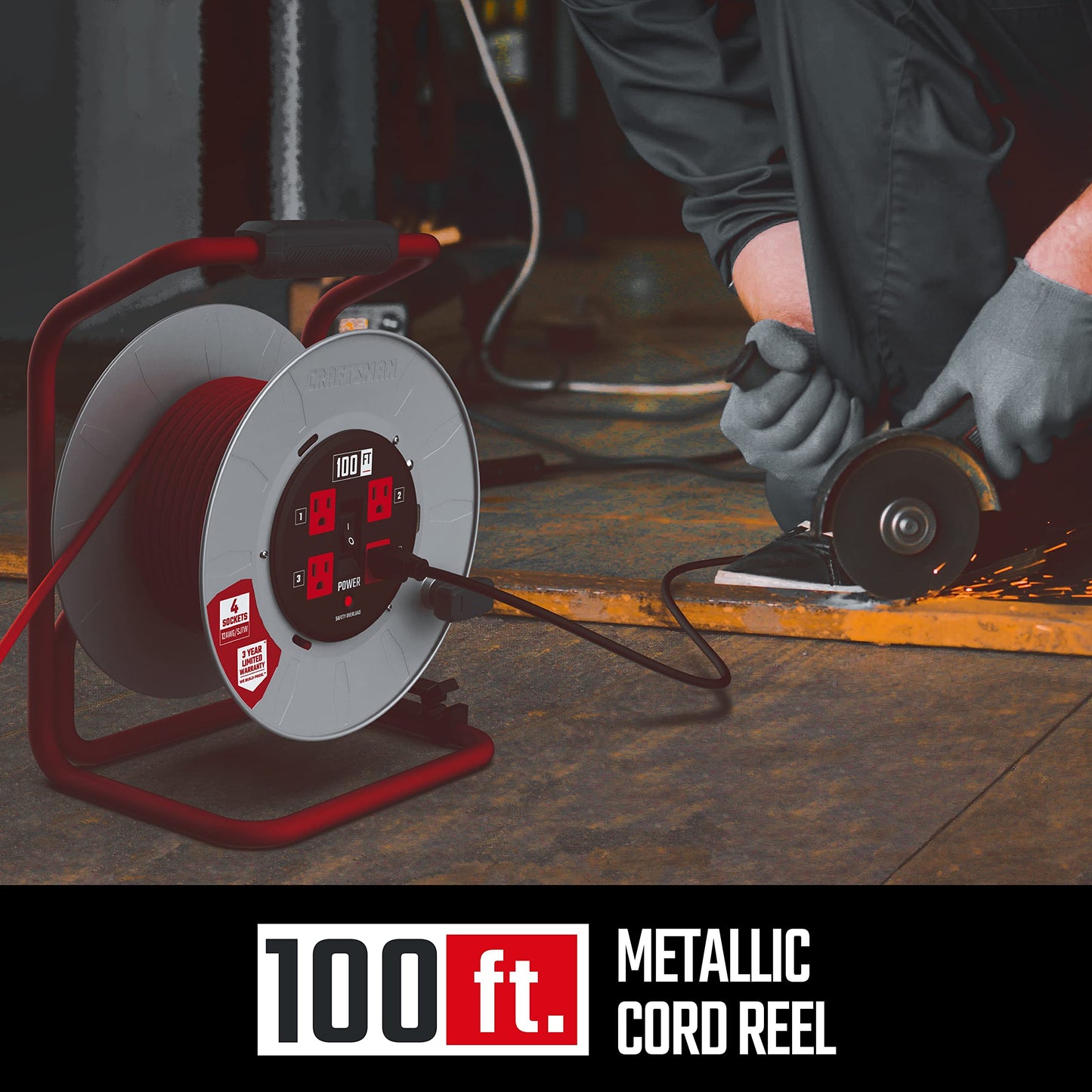 CRAFTSMAN 100 Ft. Contractor Retractable Extension Cord Reel with 4 Outlets & Heavy Duty 12AWG SJTW Cable