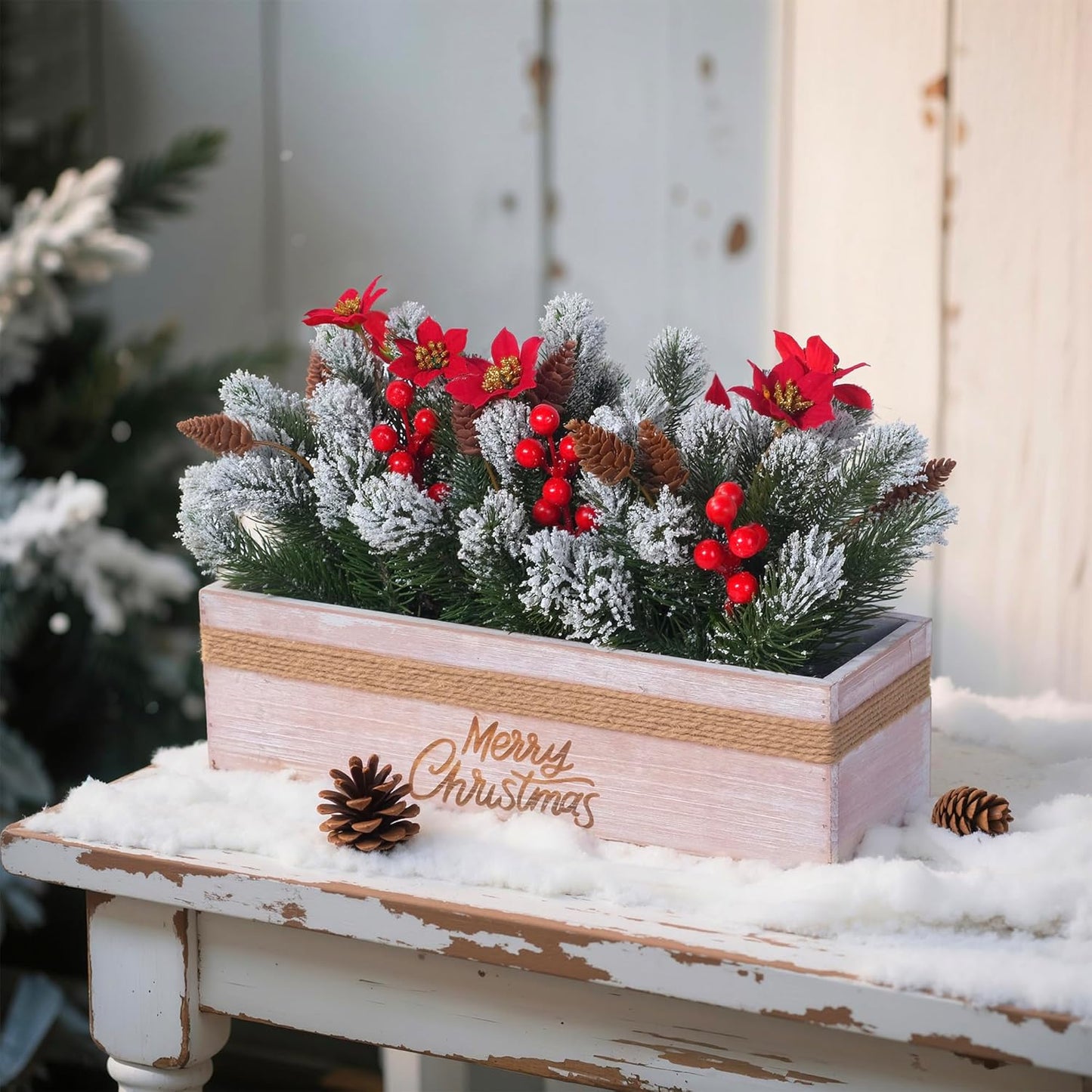 SVENJBB Christmas Table Centerpiece - Red Poinsettias & Snowy Norfolk Pine in Wooden Box | Festive Holiday Decor