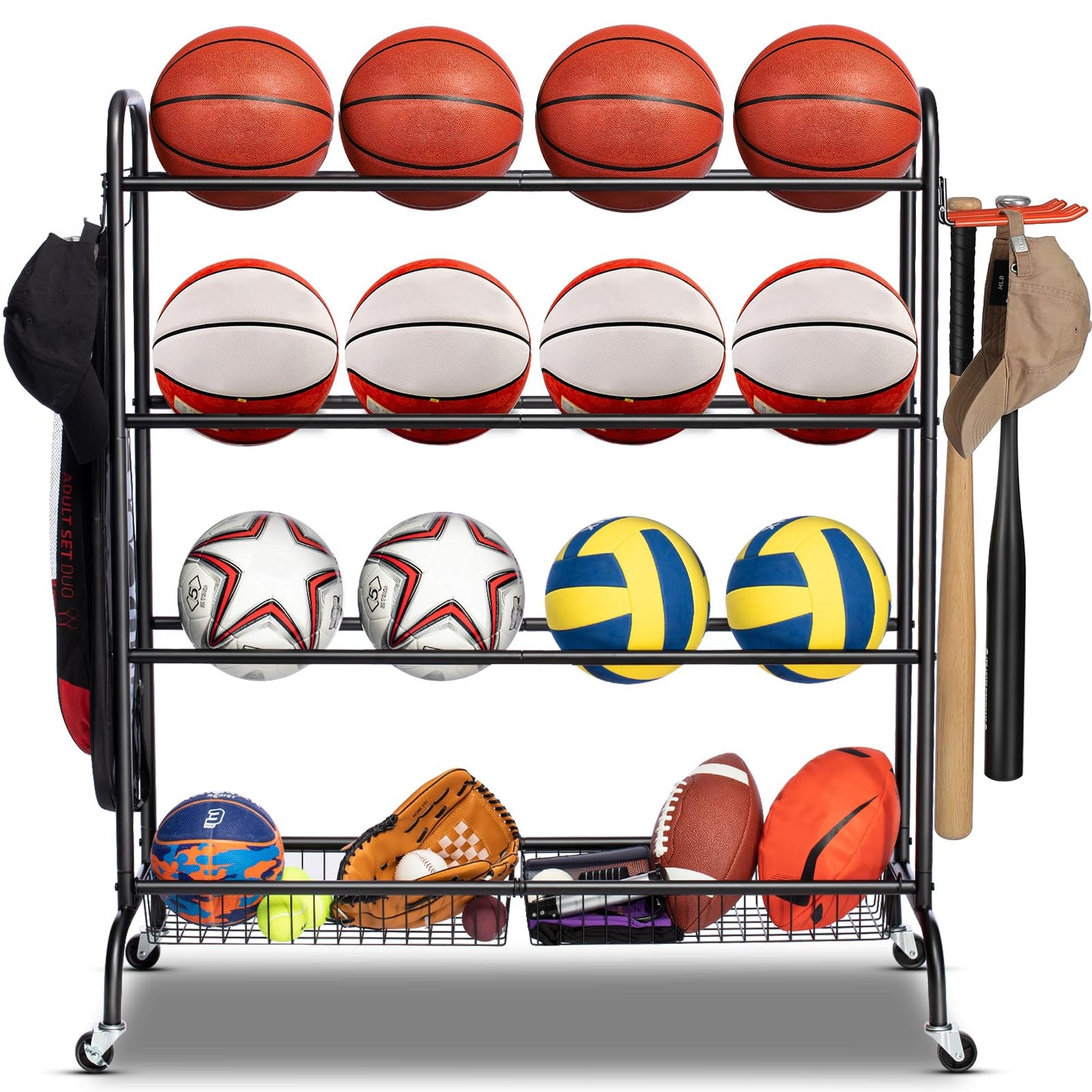 EXTCCT Basketball Rack, Outdoor Rolling Basketball Shooting Training Stand,Sports Equipment Storage with Wheels, Garage Four-layer ball Holder With Two Basket For Basketballs Footballs Volleyball