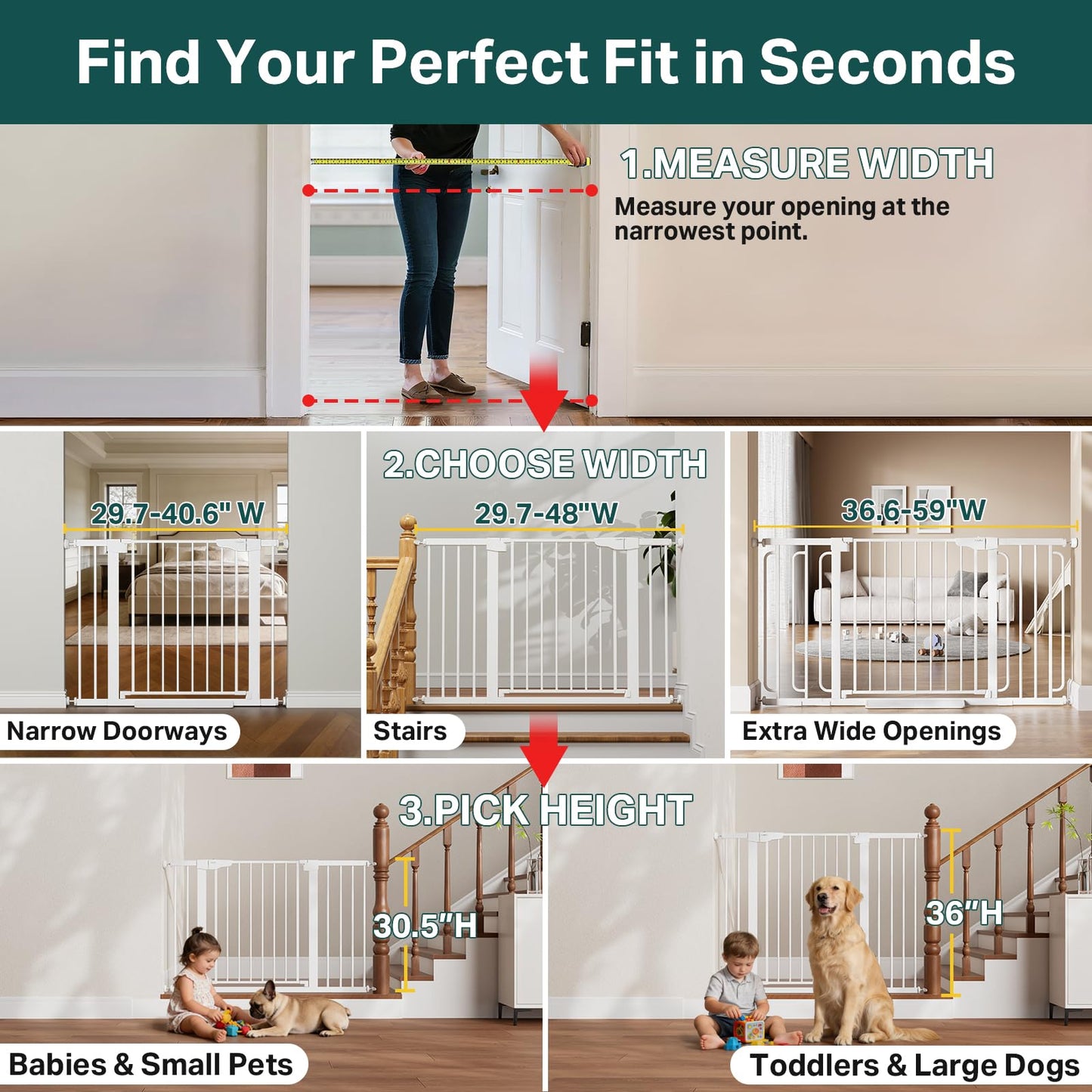 Cumbor 29.7-48" Baby Gate for Stairs, Mom's Choice Awards Winner-Dog Gates for Doorways, Auto Close Safety Pet Gate for Dogs Indoor, Easy Install Pressure Mounted Child Gate with Walk Thru Door, White