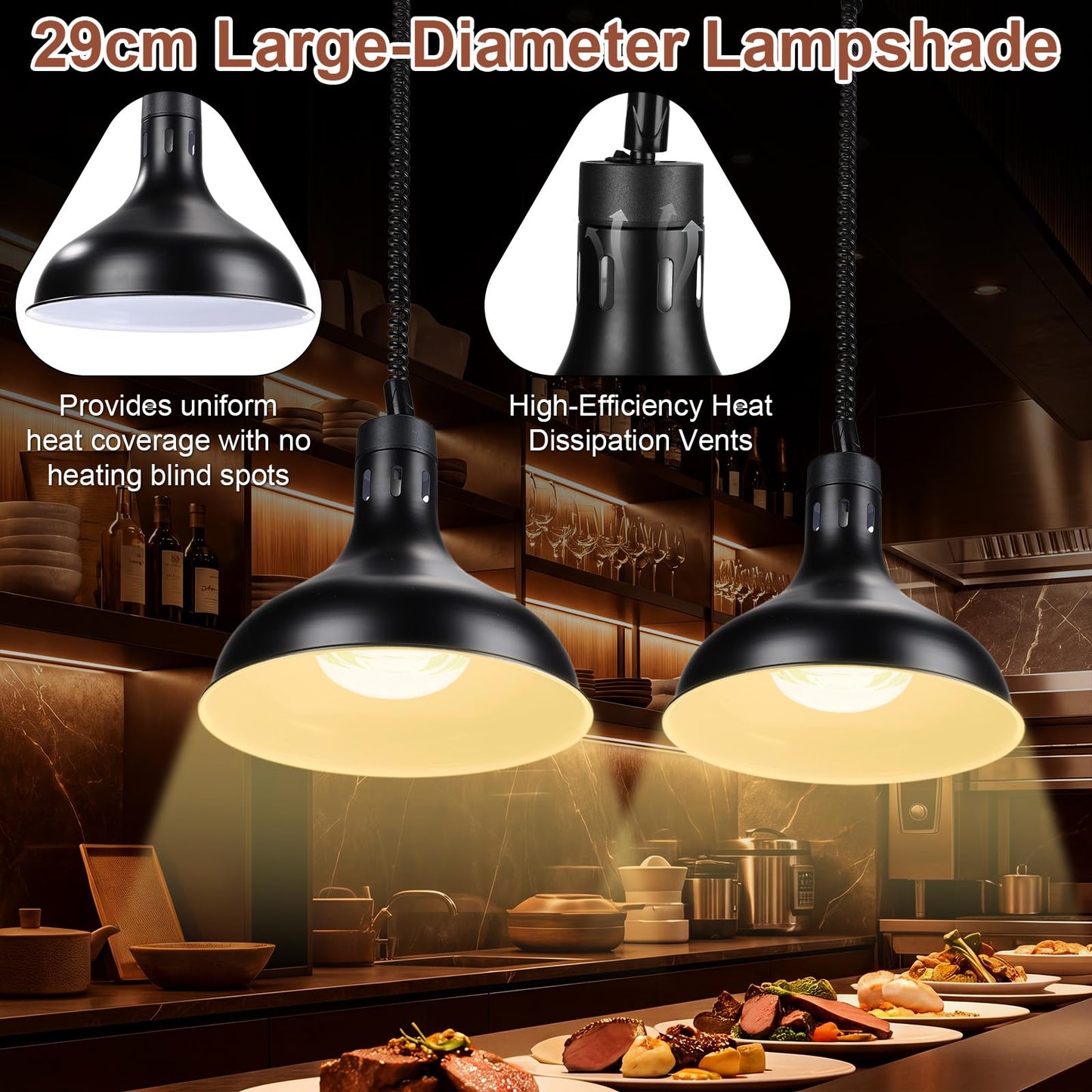 Nuanchu 2 Sets Food Heat Lamps Retractable Food Warmer Lamp with 110v 250w Heating Bulb Restaurant Hanging Warmer for Restaurant Buffet Home Kitchen Catering, Dia 29cm(Black)