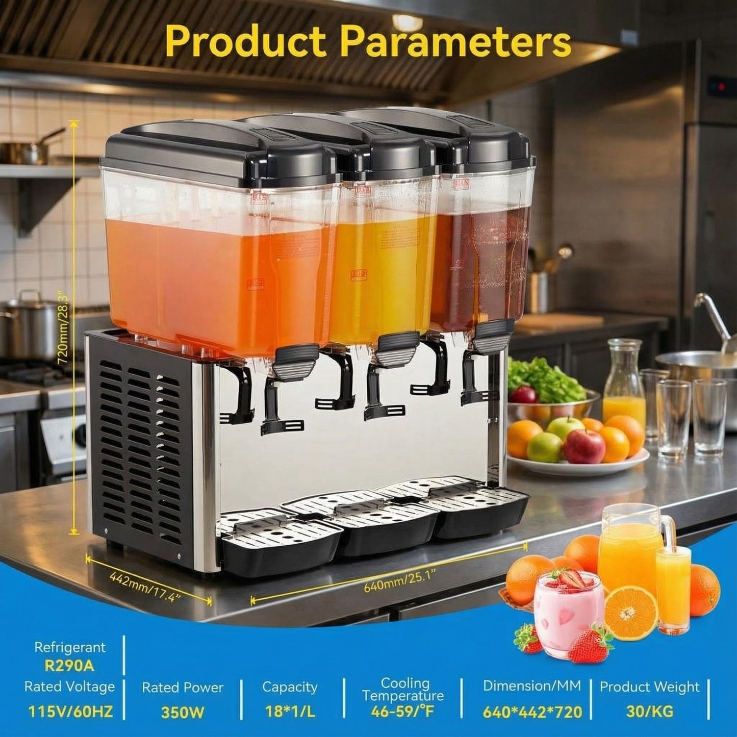 EliteEdge Stainless Steel Commercial Beverage Dispenser with Thermostat Control, 3-Tank 9.6 Gallon Capacity for Lemonade, Coffee, and Cold Drinks, Suitable for Home or Hospitality Use