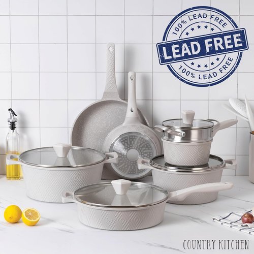 Country Kitchen Non-Stick Cast Aluminum Cookware Set - Durable 11-Piece Kitchen Essentials in Cream Rhombus