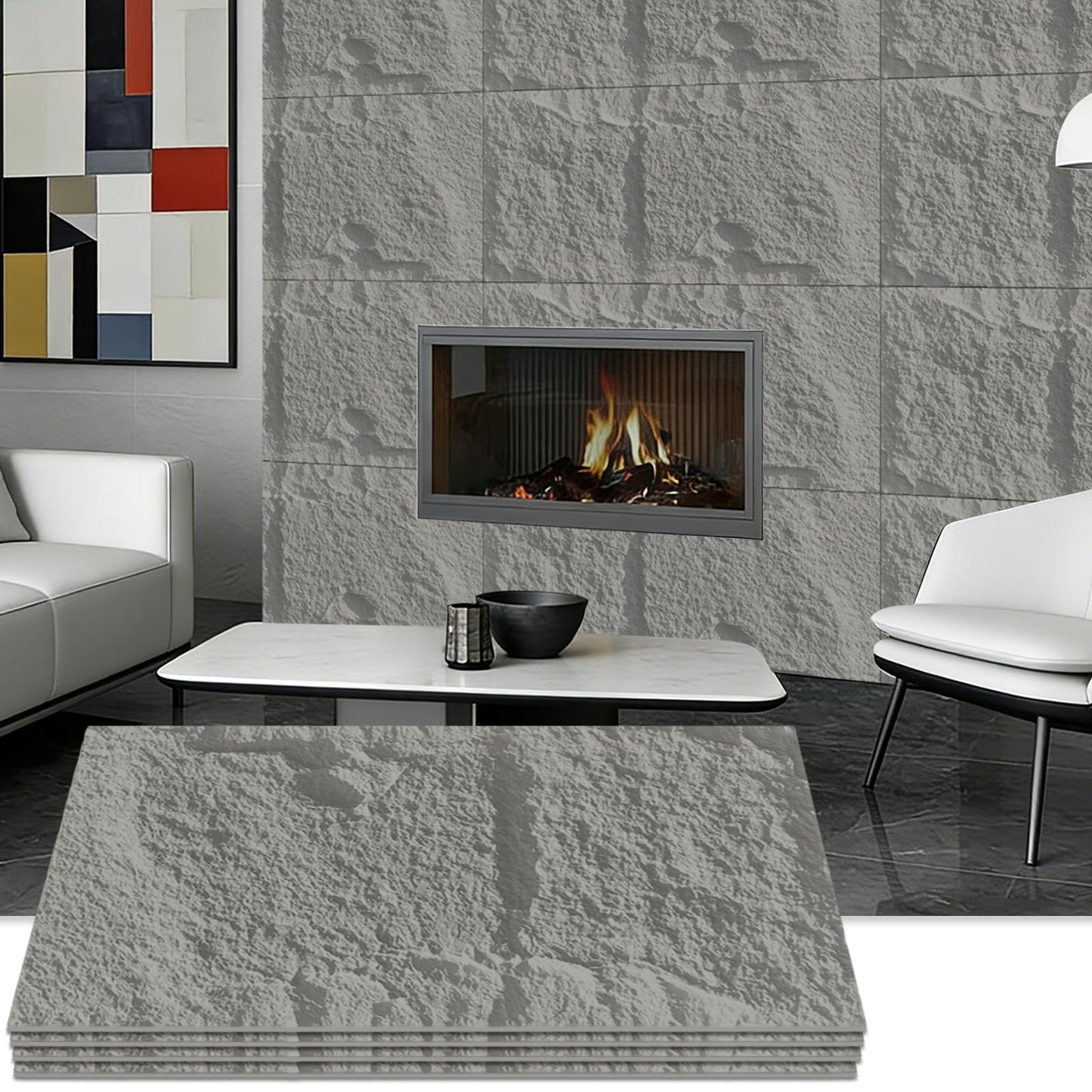 3D Faux Stone Wall Panels, 1.18" wall Panels for Interior wall Decor, 4 PCS PU Wainscoting Panel， Cement Texture， Thicker Accent， for Living Room, Office, 47.2" x 23.6" (Light Gray)