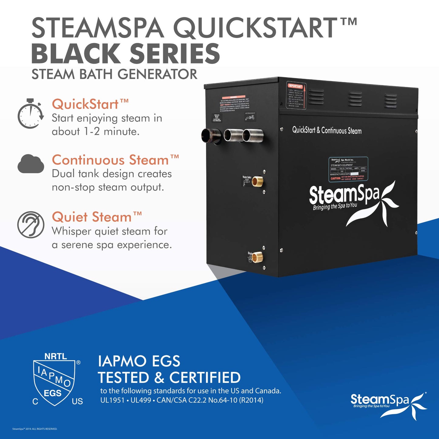 SteamSpa Generator with Quick Start Continuous Steam Technology, Wi-Fi, Bluetooth and Autodrain | 10.5kW Steam Generator with Black Steam Head with Aromatherapy Reservoir | RVB1050BK-A