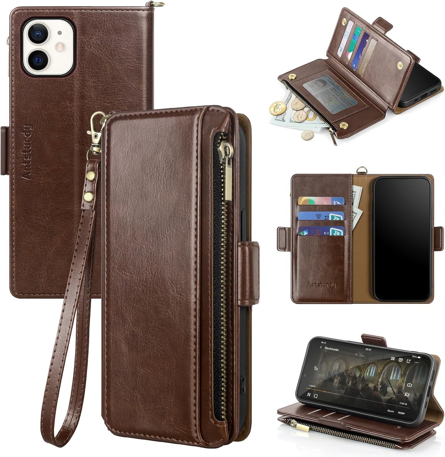 Antsturdy 11 11 6.1",Coffee Compatible with iPhone Wallet Case,RFID Blocking PU Leather Phone Case Women Men Flip
