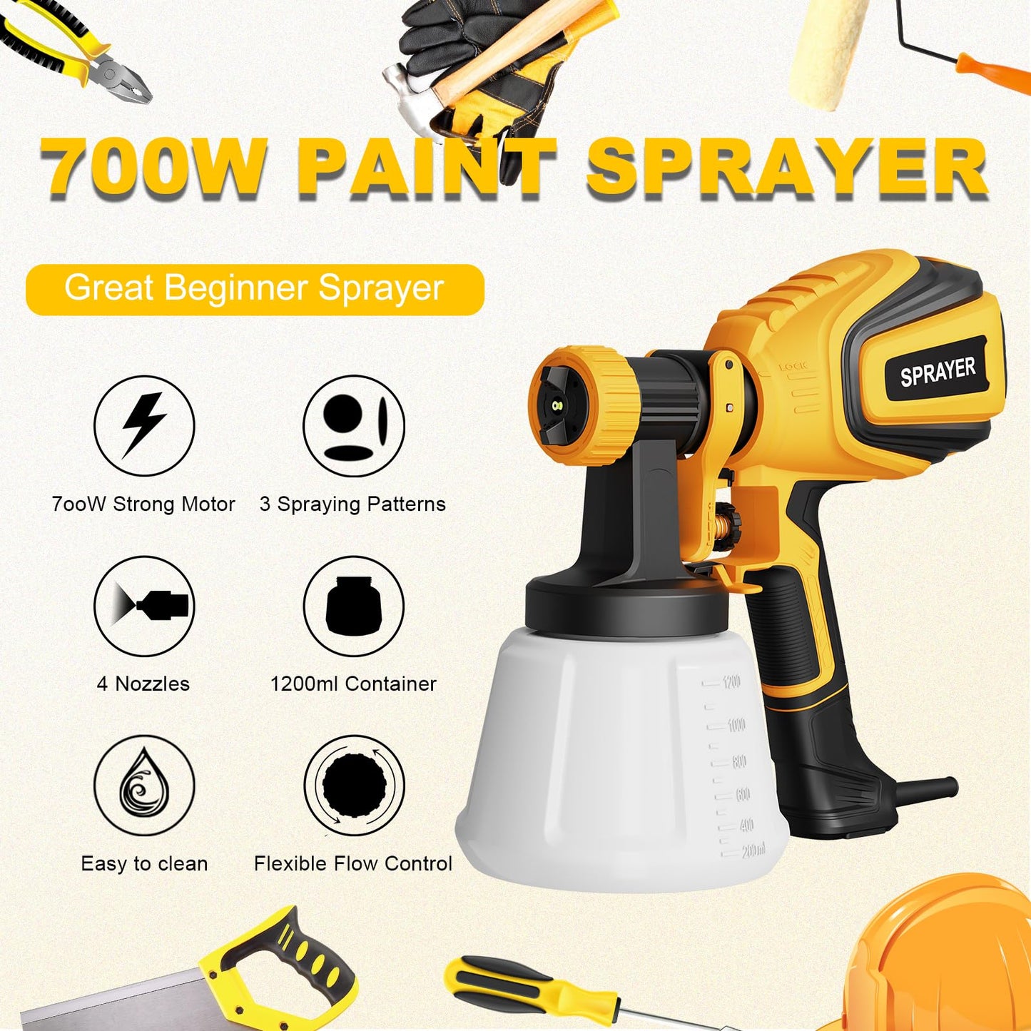 VONFORN Paint Sprayer, 700W HVLP Spray Gun with Cleaning & Blowing Joints, 4 Nozzles and 3 Patterns, Easy to Clean, for Furniture, Cabinets, Fence, Walls, Door, Garden Chairs etc. VF803 Yellow