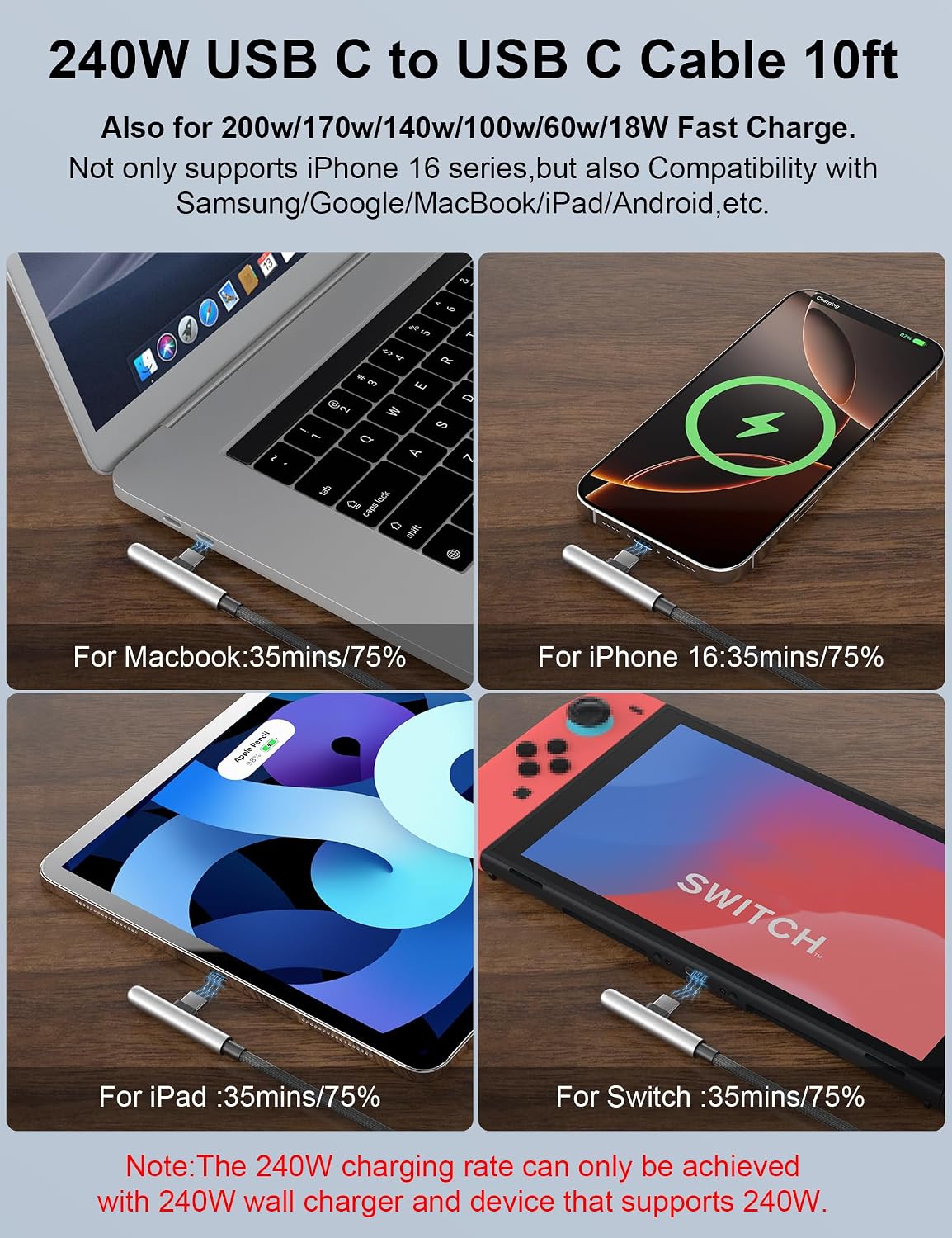 10FT 240W,Extra 10 17 16 15/iPad/MacBook S26 S25 S24 USB C Cable Fast Charging Long USB C to USB C Cable foot Type C
