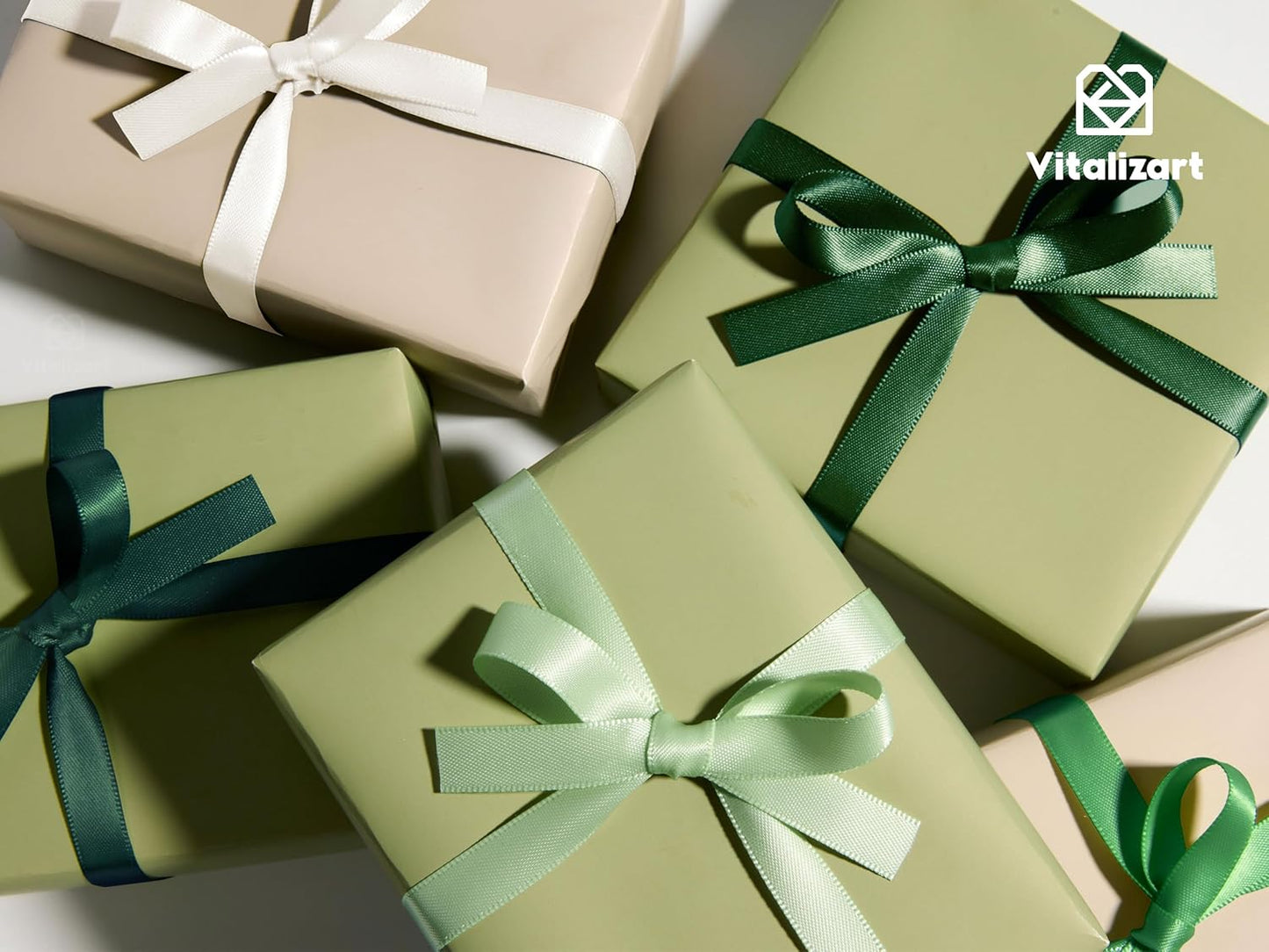 Vitalizart Satin Ribbon - Green & Cream Double-Faced Craft Ribbon | 3/8" x 50 Yd for Gift Wrapping & Decorations