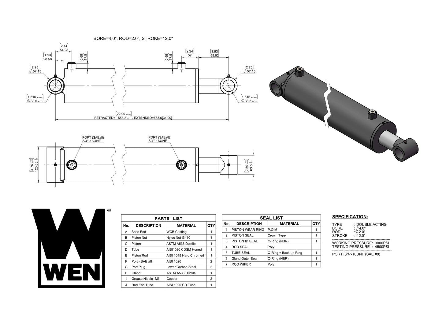 WEN WT4012 Cross Tube Hydraulic Cylinder with 4-inch Bore and 12-inch Stroke