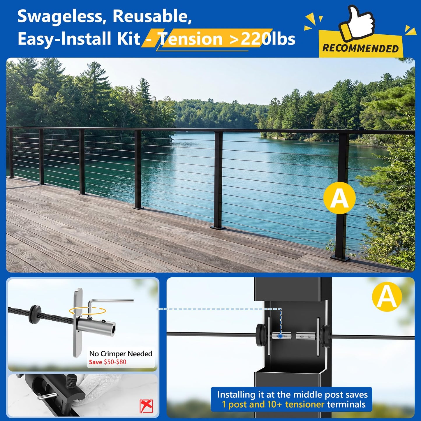 Zylorix 20 Pack Swageless Invisible Cable Railing Hardware, No-Crimp Reusable T316 Stainless Steel Fixed End Terminal for 1/8" & 1/10" Black Cable, 2"x2" Metal Level/Corner/Stair Post Deck Railing