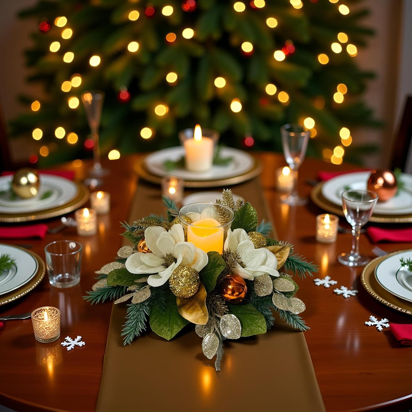 Skiennix 18" Centerpiece - Flameless LED Candle Holder with White Magnolia & Gold Baubles for Holiday Decor