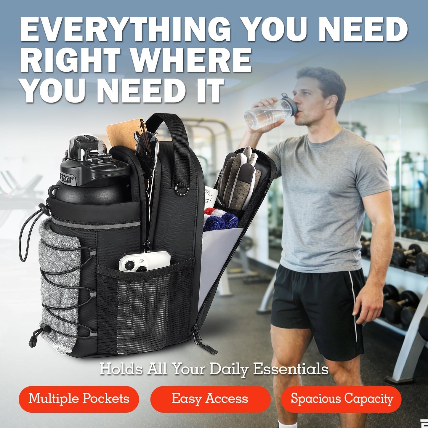 Magnetic Gym Bag 25-64oz Water Bottle Holder with 4 Strong Magnets, Crossbody Sling Water Bottle Carrier with Phone Pocket for Men Women, Gym Accessories for Workout Fitness Hiking Travel Camping