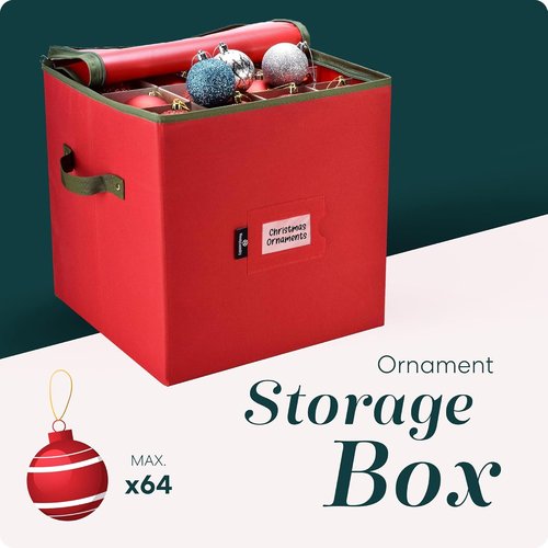 Handy Laundry Christmas Ornament Storage - Holds Up to 64 Ornaments | Adjustable Dividers & Zippered Top (Red)