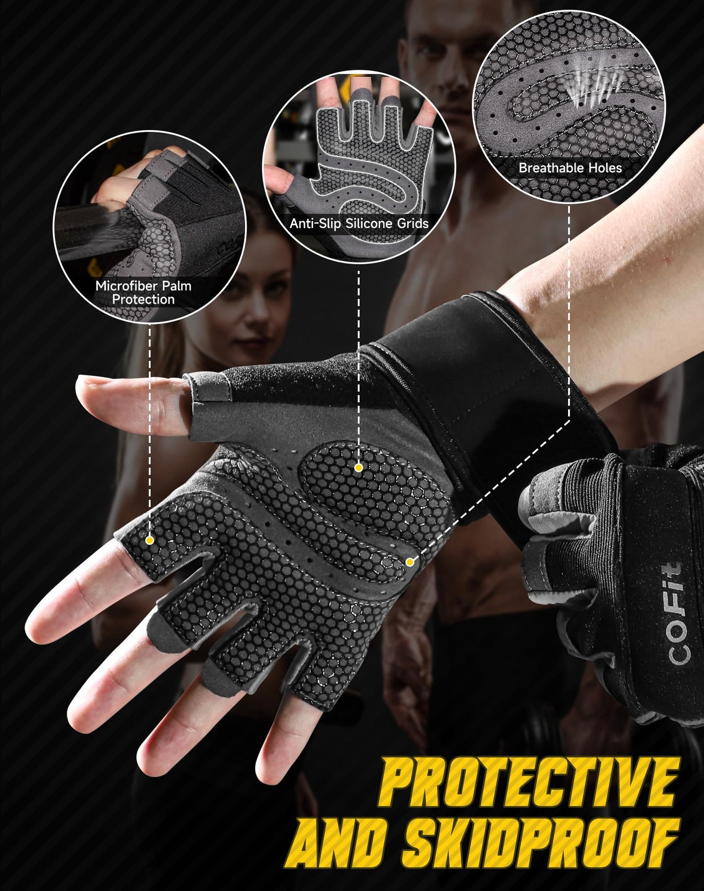 COFIT Breathable Workout Gloves, Antislip Weight Lifting Gym Gloves for Men Women with Wrist Wrap Support, Superior Grip & Palm Protection for Weightlifting, Fitness, Exercise, Training - Black S