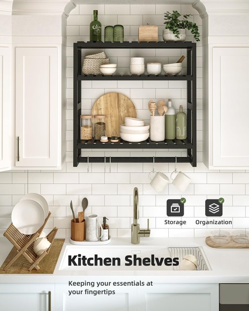 Galood Bathroom Shelves Towel Racks Over Toilet Storage with Towel Bar 3 Tier Floating Wall Mounted Space Saving Bamboo Paper Holder for Bathroom Laundry Room Kitchen Organizers (Black)