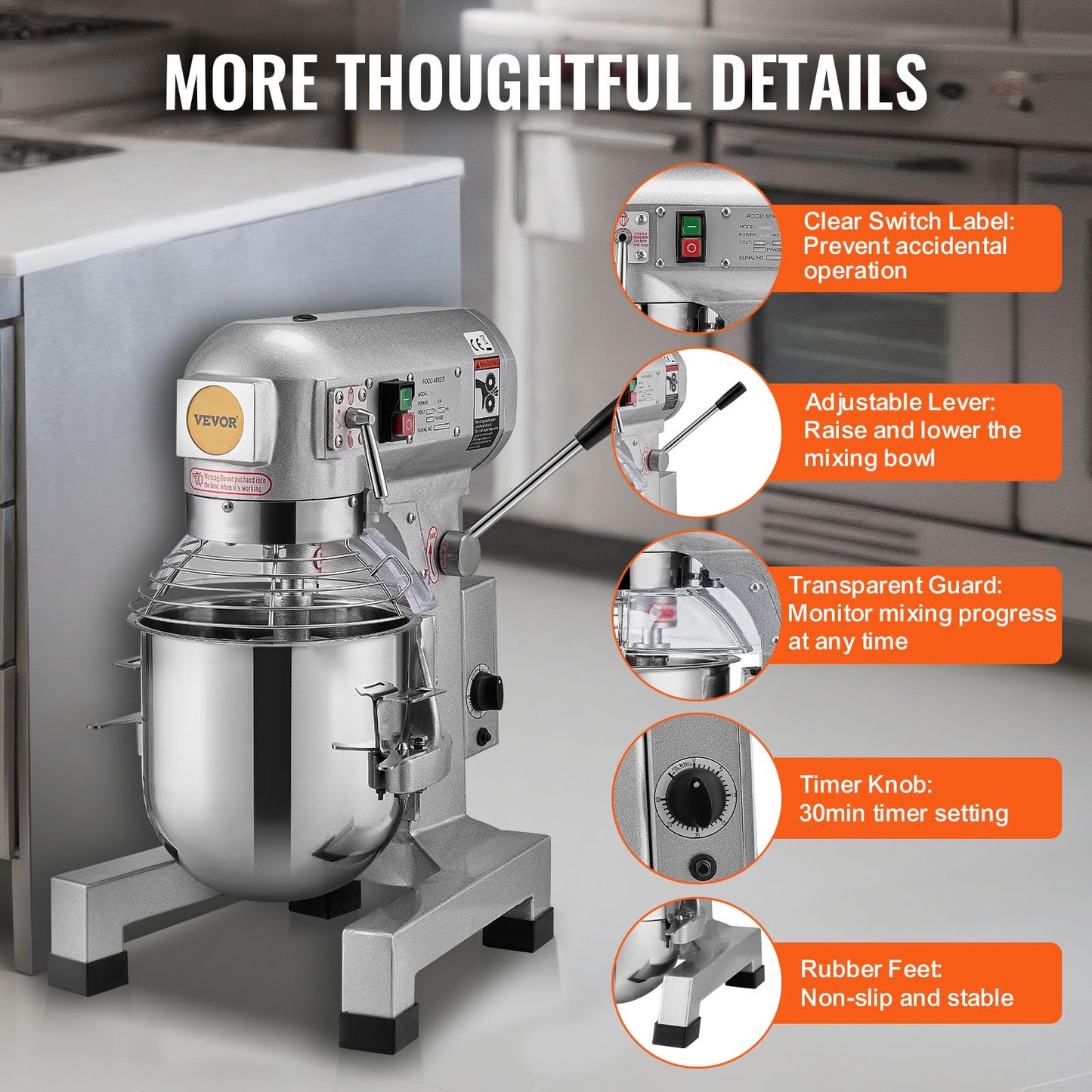 VEVOR Commercial Food Mixer 10Qt, Commercial Mixer with 3 Adjustable Speeds, 550W Dough Mixer,Commercial Stand Mixer with Stainless Steel Bowl