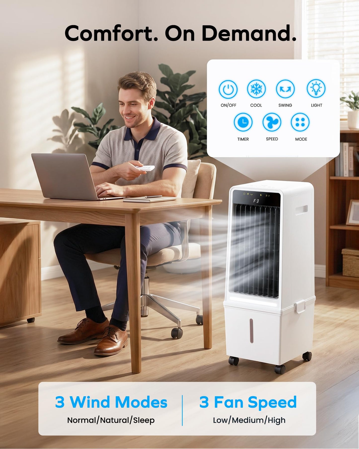 Air Choice Swamp Cooler, 30" Windowless Portable Air Conditioners with 3.7Gal Water Tank, 2 Ice Packs, Oscillation, 3 Speeds/Modes, 12H Timer, Night Light, Portable Swamp Cooler for Bedroom Office