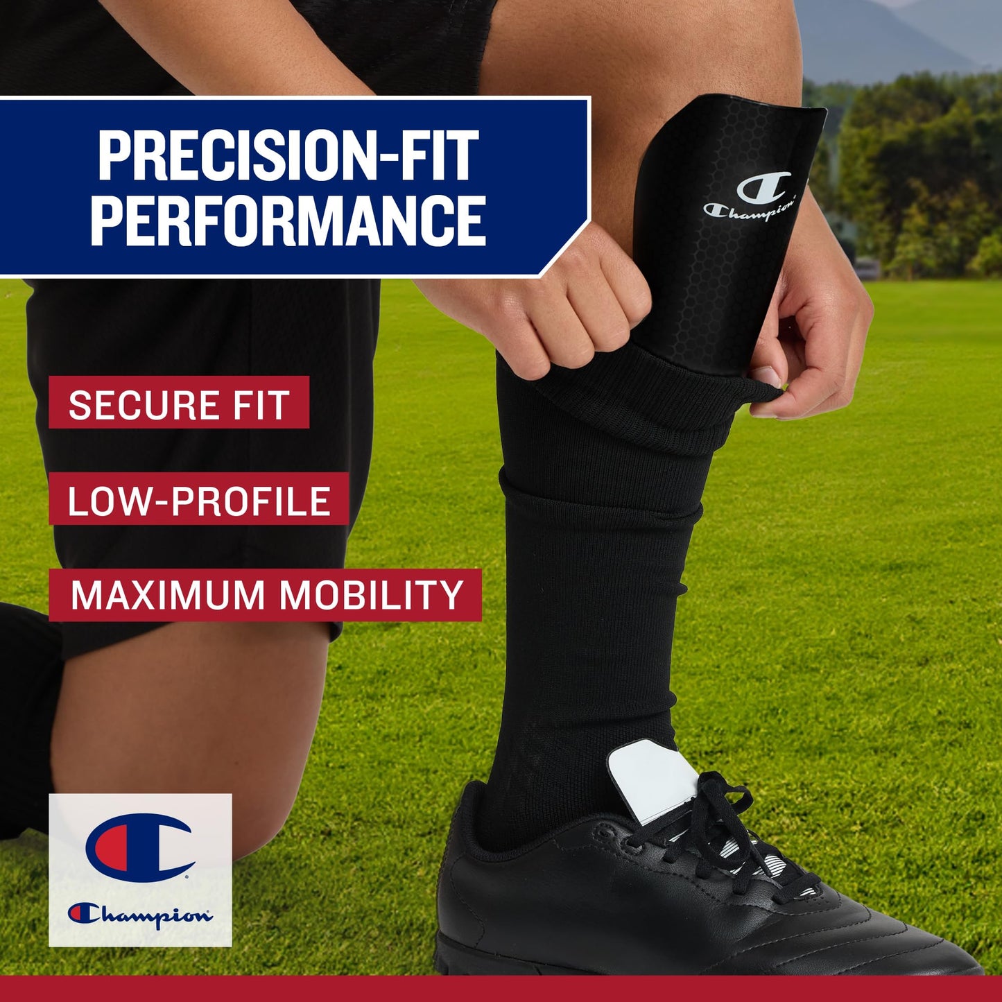 Champion Defender Elite Youth Soccer Shin Guards (S/M, Black), Slip-in Curved Plastic Plate and EVA Foam Interior for a Contoured Fit, for Boys/Girls Soccer Game