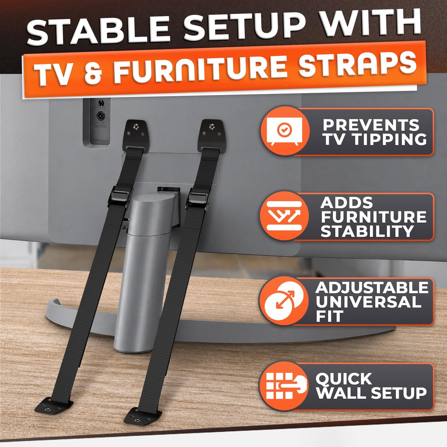 TV Straps Safety for Flat Screen - Anti-Tip TV Safety Straps for Furniture Anchoring, Easy to Setup and Hold-Up to 330 lbs, Adjustable 19"-39" Length Flexible Nylon, Wear-Resistant