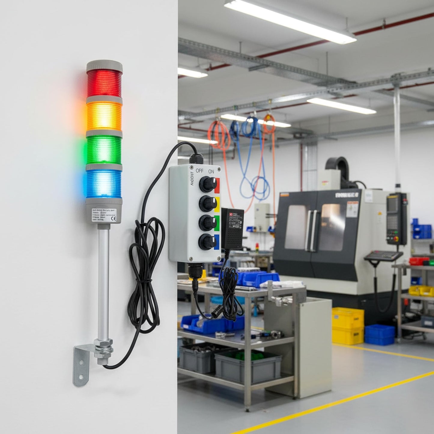 ANDONT 4-Stack LED Andon Tower Signal Light, Red/Yellow/Green/Blue, On/Off, ABB Selector Switch, Mean Well Industrial Power Adapter 6 ft & 16 ft Extension Cord, IP65 Rated, Plug-and-Play