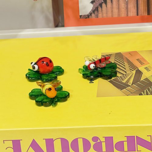 Colorful Glass Insects by 3Ca3s1 - Handmade Miniature Animal Figurines, 3pcs, Green & Red