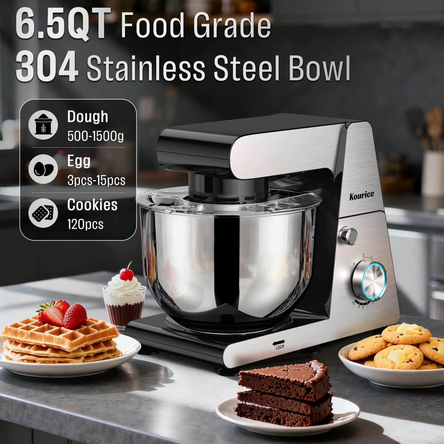 Stand Mixer Body with Stainless Steel Cladding Pro-Grade Powerful Kitchen Mixer for Baking Bread Dough Cake 10+p Speed Tilt-Head Electric Food Mixer With 6.5QT Bowl Dough Hook Wire Whisk Flat Beater