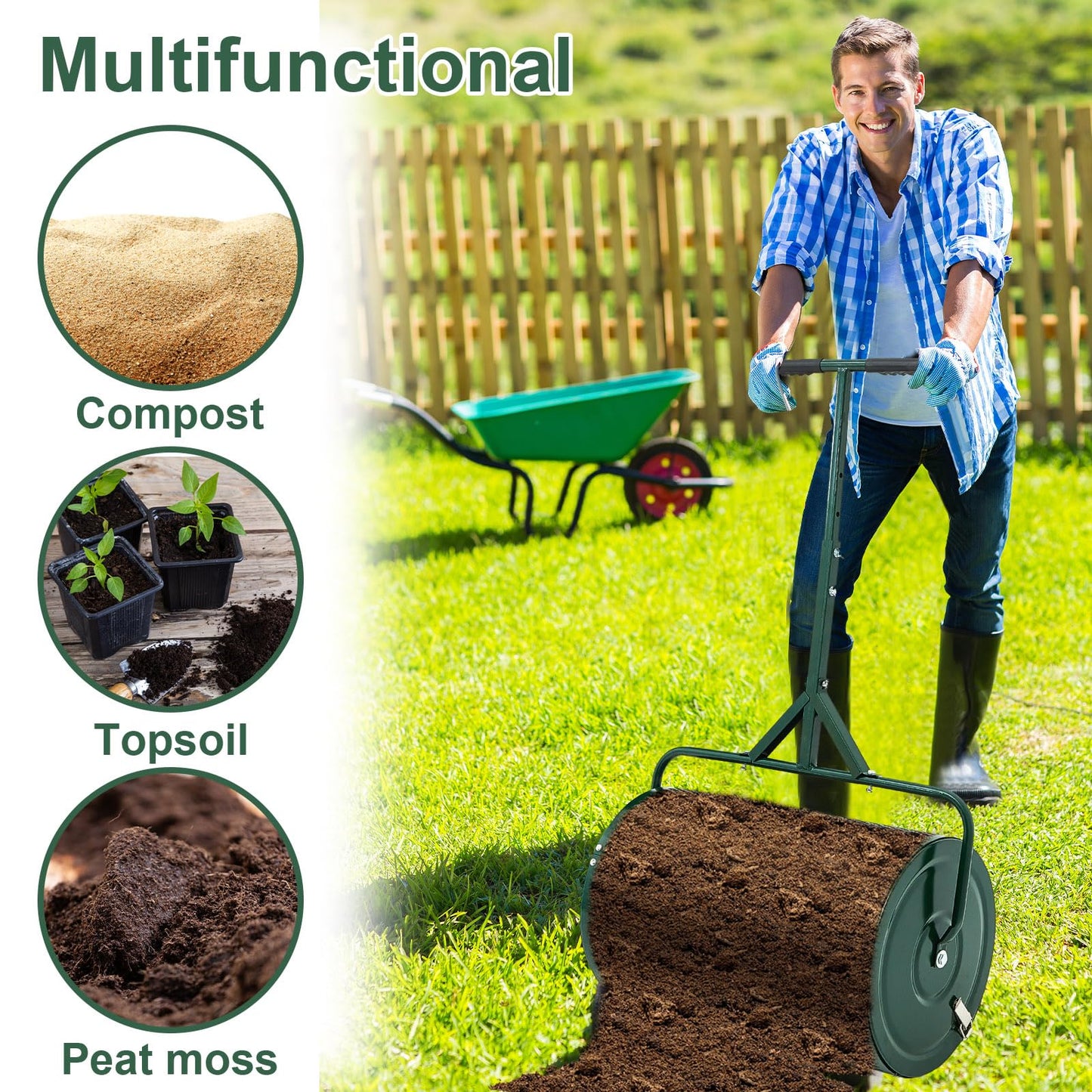 Hiboom 36 Inch Compost Spreader, Peat Moss Spreader, Manure Roller with Adjustable T Shaped Handle, Lightweight Metal Mesh for Lawn Garden Spreading Manure Topsoil (Green)