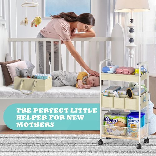 2In1 Baby Diaper Caddy & 3-Tier Rolling Cart, Diaper Caddy Organizer Carts with Dividers, Mobile Metal Utility Cart for Nursery Essentials, Detachable Bedside Cart, Large Capacity, White