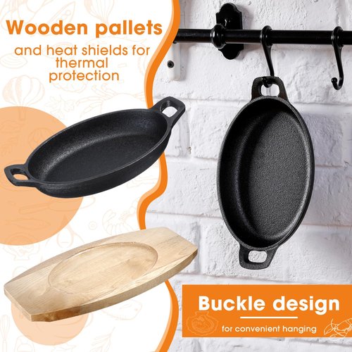 Mifoci 4 Pcs Mini Cast Iron Skillet with Wooden Base Small Cast Iron Fajita Plates Baker's Skillet Matte Black Pan Pot for Kitchen Restaurant Barbecue Dinner (8.5 x 6.1 x 1.7 Inches)