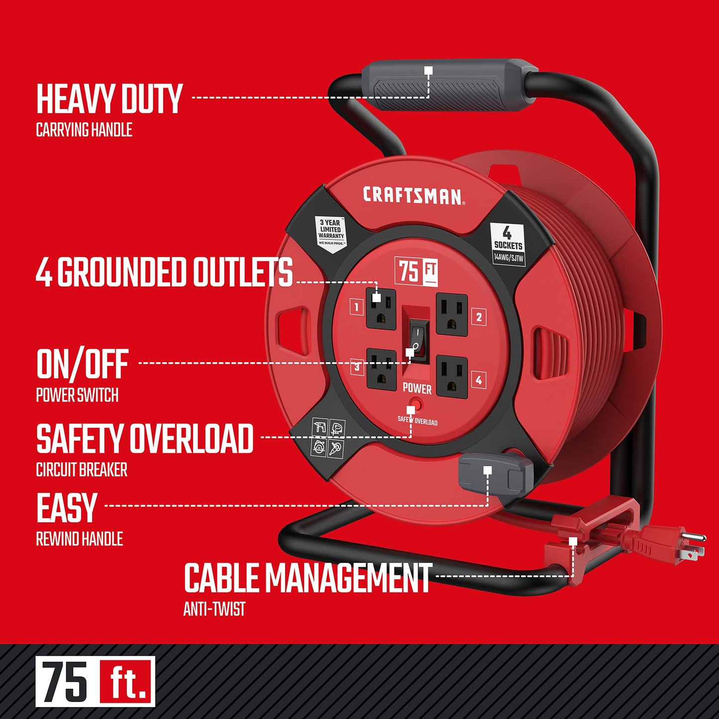CRAFTSMAN Heavy Duty Retractable Extension Cord, 75 feet with 4 Outlets - 14AWG SJTW Cable - Outdoor Power Cord Reel